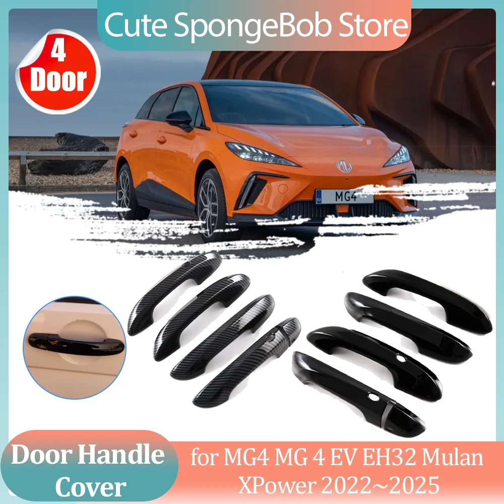 Car Handle Cover for MG4 MG 4 EV EH32 Mulan XPower 2022~2025 Carbon Fiber Black Door Sticker Trim Strip Cap Decor Accessories