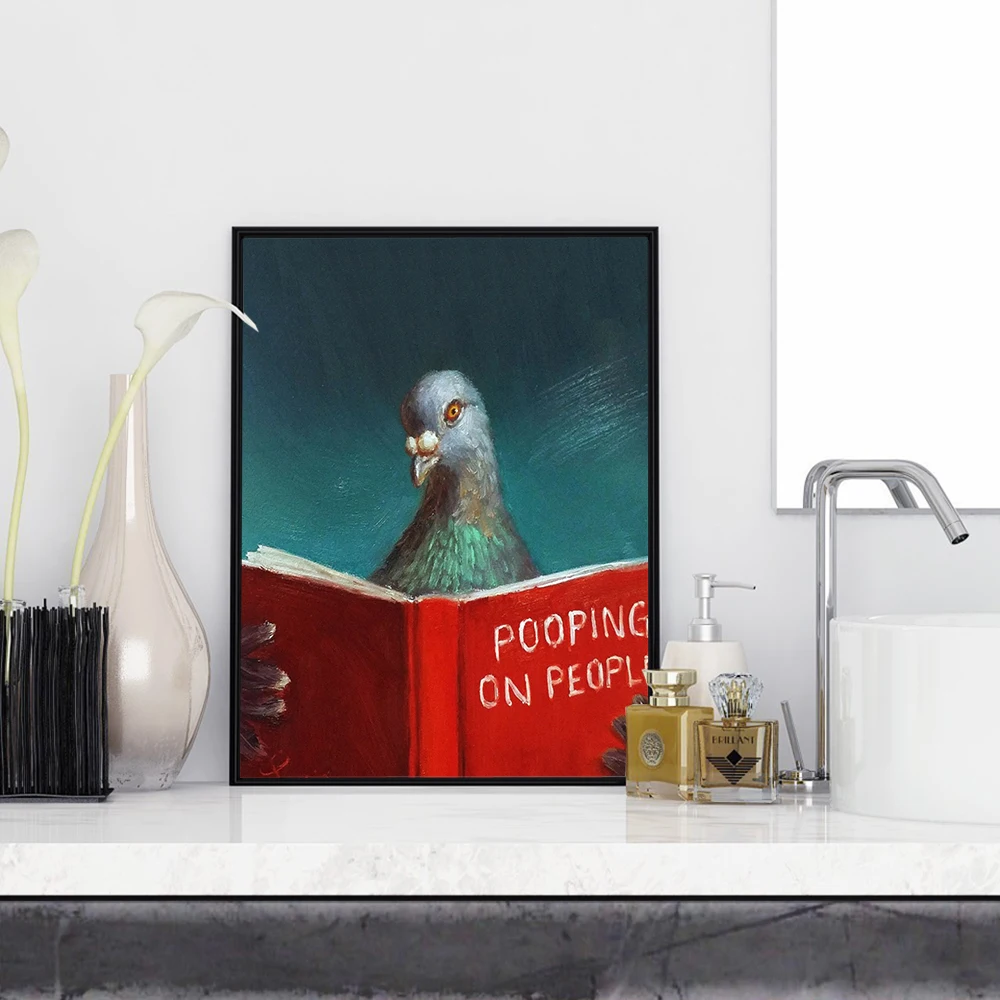 Pigeon Bird Reading Book Bathroom Funny Humorous Pet Canvas Painting Pooping On People Poster Wall Art Picture Toilet Decor