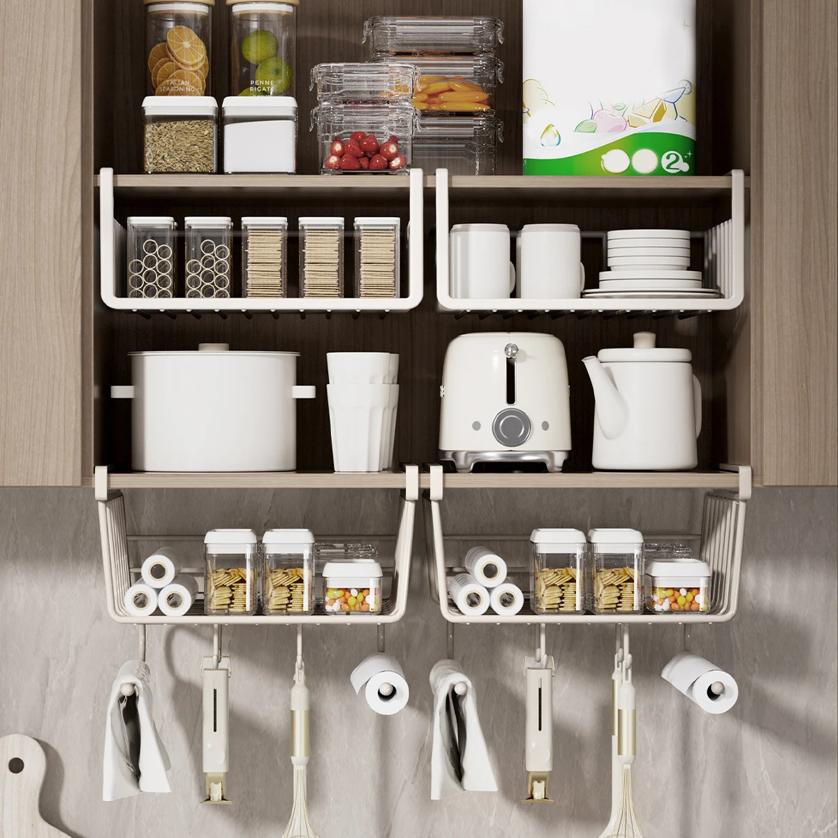 WMMO Kitchen Cabinet Storage Hanging Basket Steel Rack for Spices Dishes Under Desk Organization for Bathroom Layered Storage