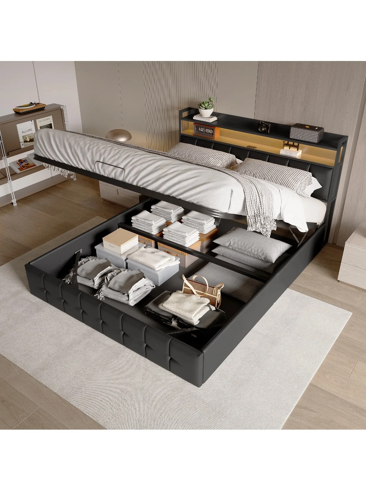 Creahappy, 140 × 200 cm Hydraulikbett, Stauraumbett, Doppelbett, breites Stauraumbett, vom Boden bis zur Decke reichendes multifunktionales Stauraum-Kopfteil für das Hauptbett, Stauraumbett,