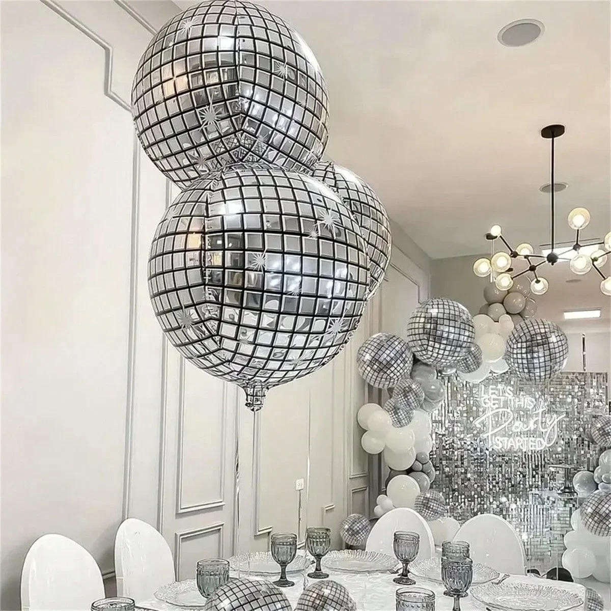 Conjunto de balões de bola de discoteca prateados glamorosos, acabamento espelhado metálico