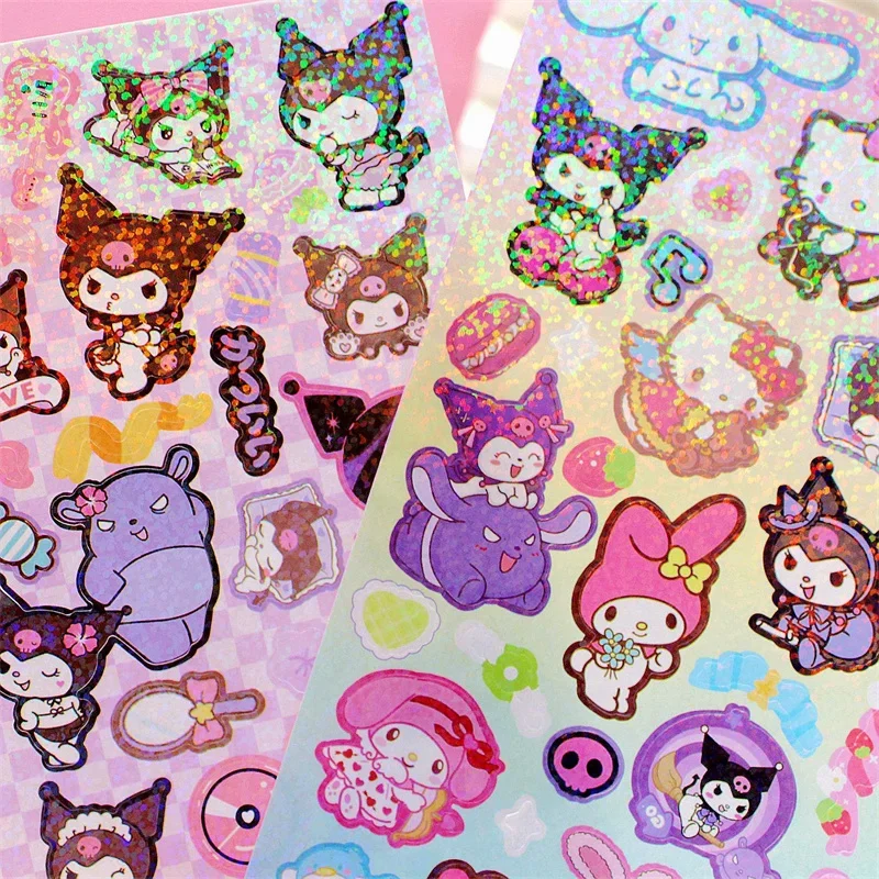 20Sheets Sanrio Sticker Cartoon Hello Kitty Cinnamoroll Kuromi My Melody Laser Sticker Decals Stationery Wholesale Kids Toys