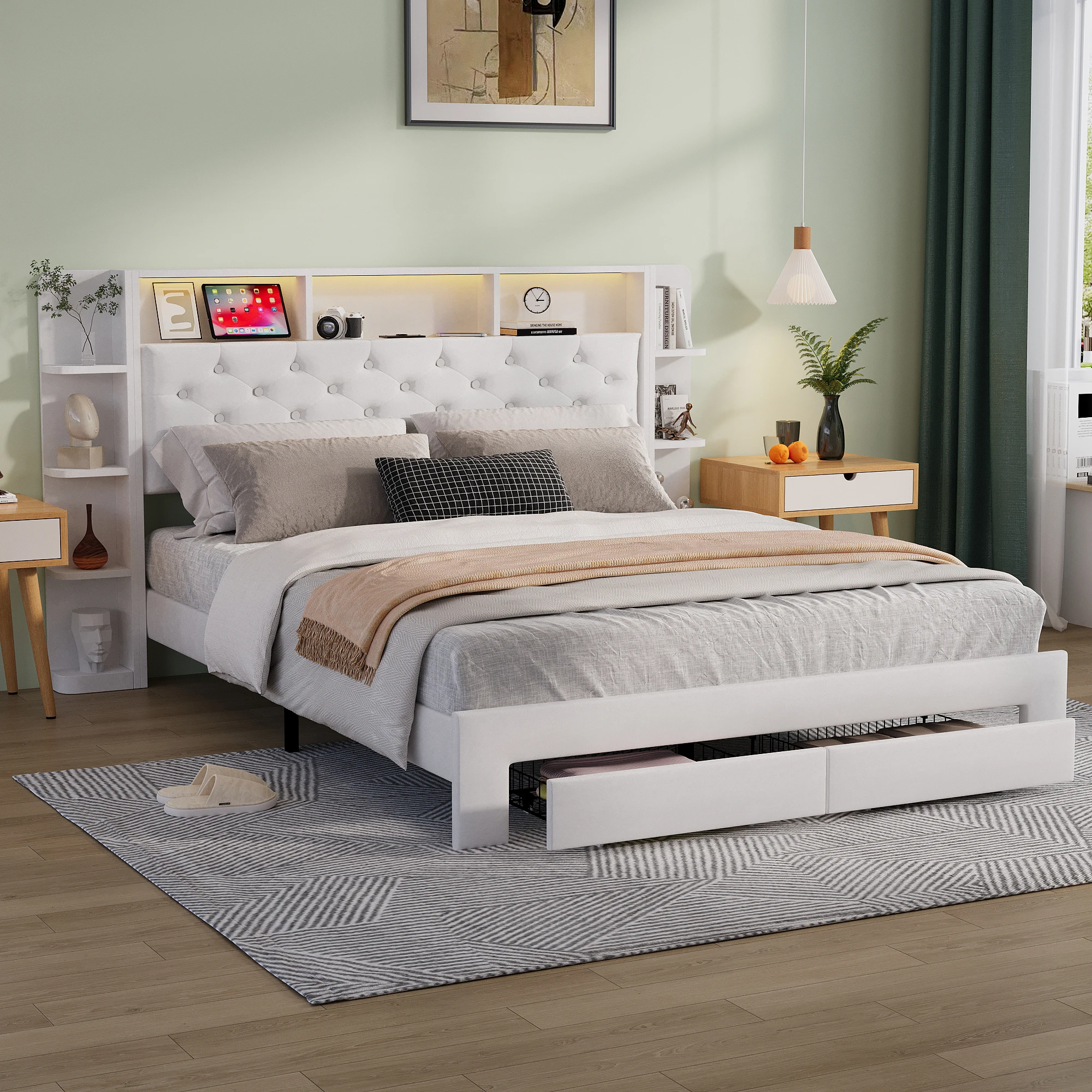 Letto 140/160x con box LED e letto USB con letto matrimoniale imbottito con box a doghe e 2 cassetti, testata letto con contenitore