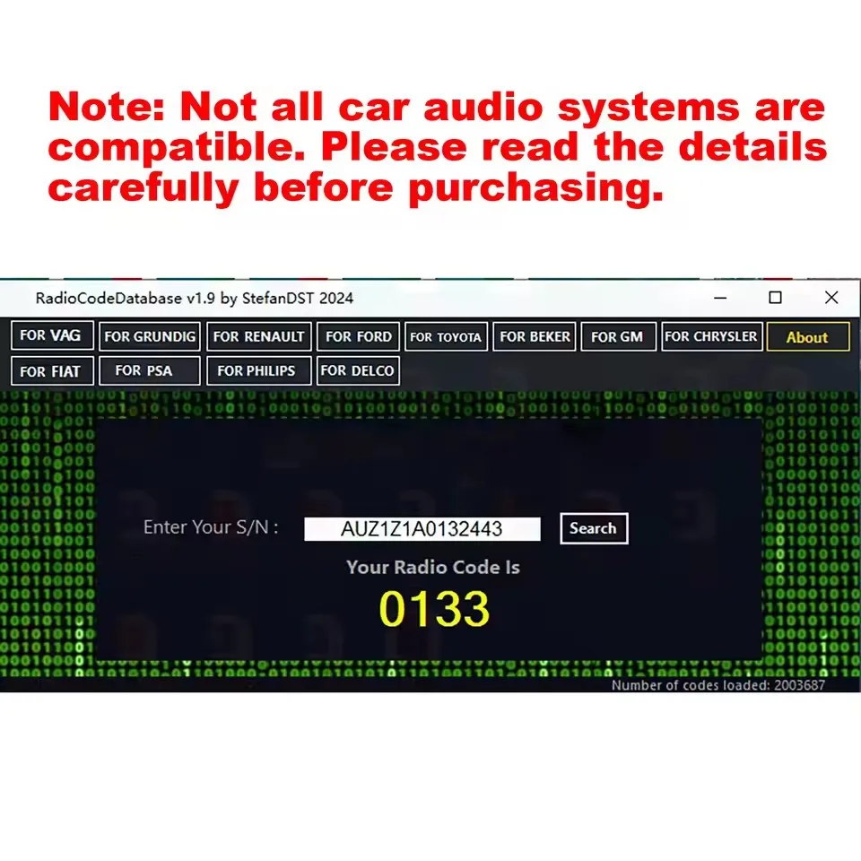 Car Radio Unlock Code Radio Code Database V1.9 Calulator New Add for PSA for Fiat for Audi for Toyota for Ford etc