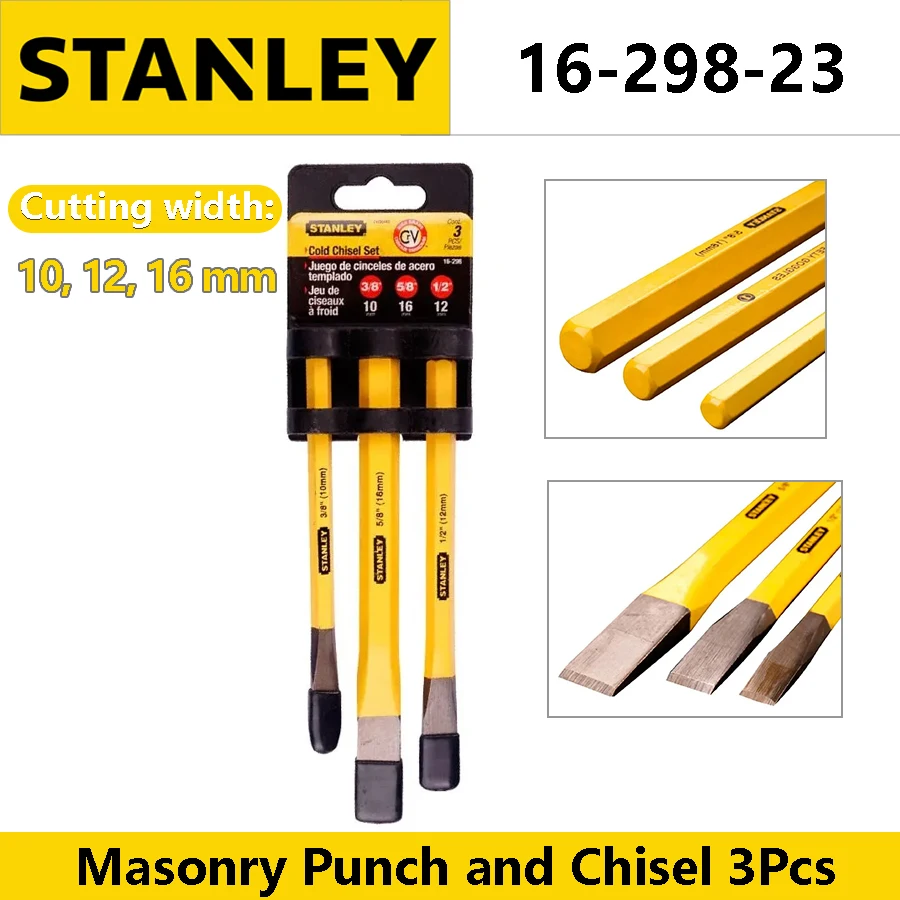 STANLEY 16-298-23 Masonry Chisel 3Pcs 10/12/16mm Cylindrical Punch Flat Chisel Chrome Vanadium Steel Punch Chisel Set