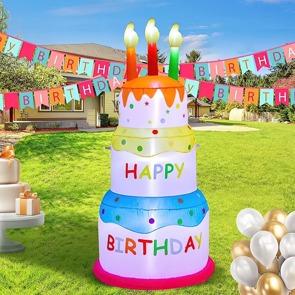 

Happy Birthday Inflatable Cake Decoration Blow Up Birthday LED Light Yard Garden Party Decoration