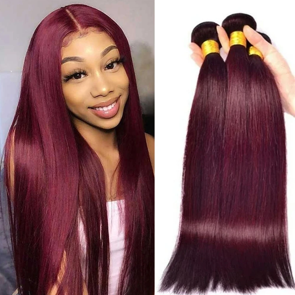 

Straight #99J Burgundy Bundles 1/3 Bundles 99J Wine Red Brazilian Unprocessed Human Hair Weave Extensions For Women