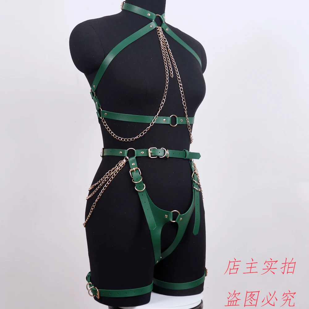 Green PU Leather Harness Belts Women Chest Bondage Lingerie Adjustable Leg Harness Goth Straps Suspenders Pastel Goth Rave