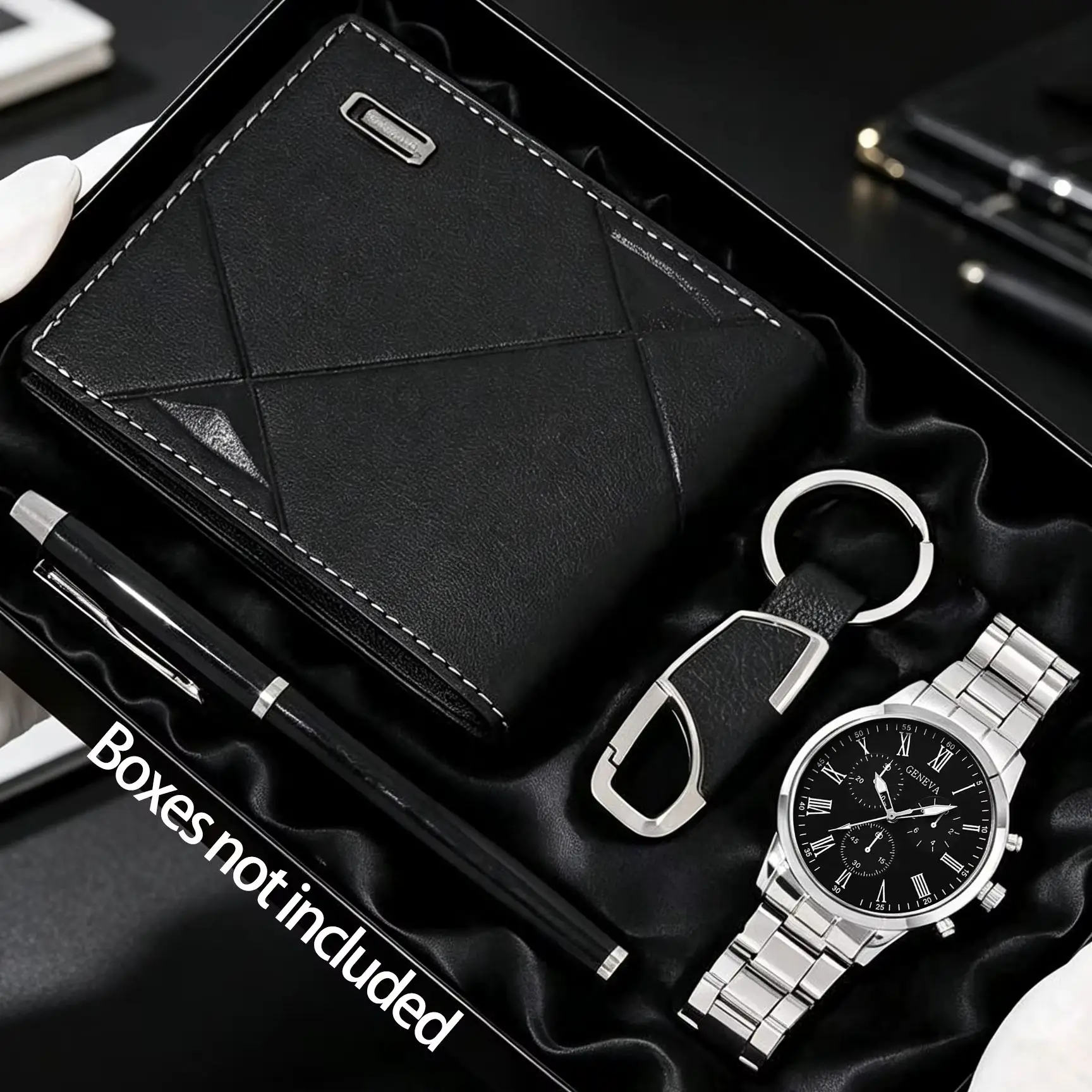 4-Piece Set of Men's Fashionable Casual Roman Numeral Quartz Watches with Wallet, Keychain, and Ballpoint Pen Set, Suitable for Father's Day, Teacher's Day, Thanksgiving, Student Graduations, Birthdays, and Other Occasions, the Best Gift Choice.