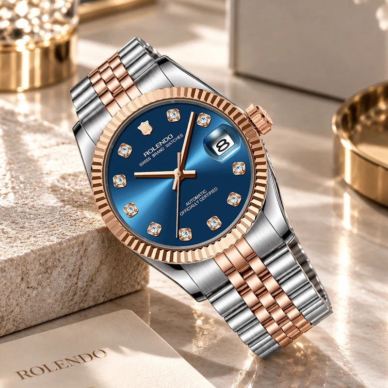 ROLENDO Women Automatic Mechanical Watch Original Movement Diamond Dial Stainless Steel Bracelet Date Display Wristwatch Gift