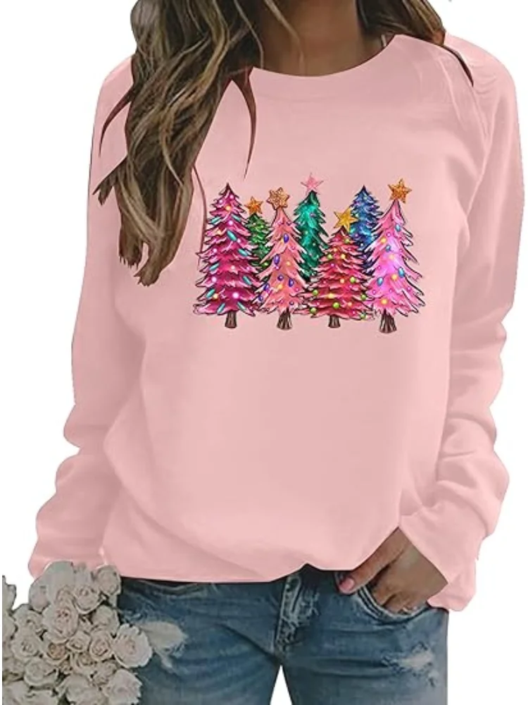 المرأة الملونة شجرة عيد الميلاد بلوزات عيد الميلاد الجرافيك قميص عيد الميلاد عطلة حزب طويلة الأكمام البلوز بلوزة