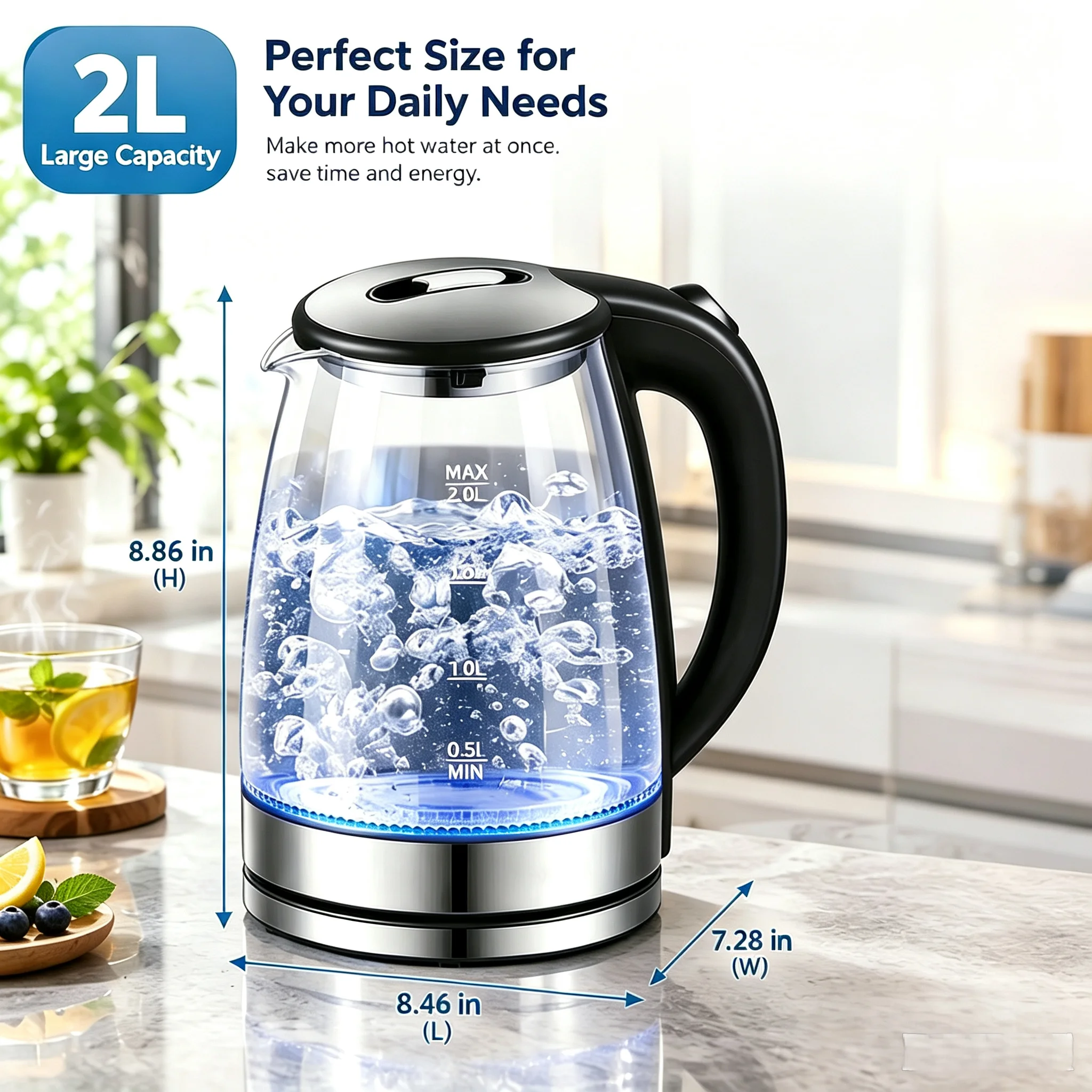 2L Glass Carafe With Measurement Lines And A Non-Slip Base For Accurate Hydration Tracking