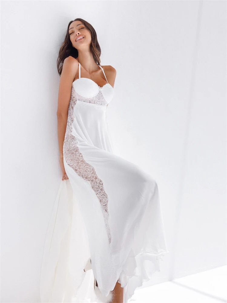 Abito da sposa in pizzo con spalline sottili Sexy in due pezzi per abito da sposa in morbido raso a maniche lunghe da donna Night Gwon 2024