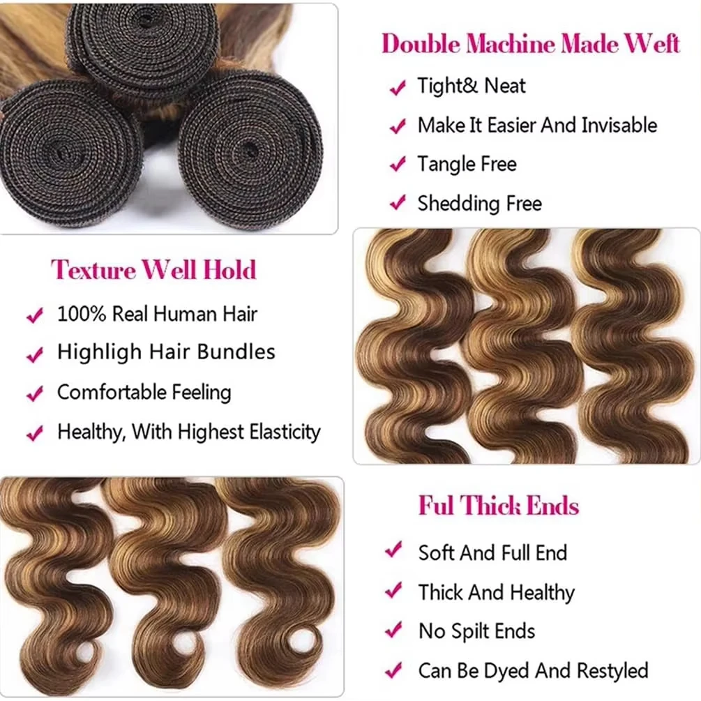 # 4/27 vague de corps mettre en évidence les paquets de cheveux humains colorés Ombre miel brun brésilien Remy Extensions de cheveux pour les femmes noires Double