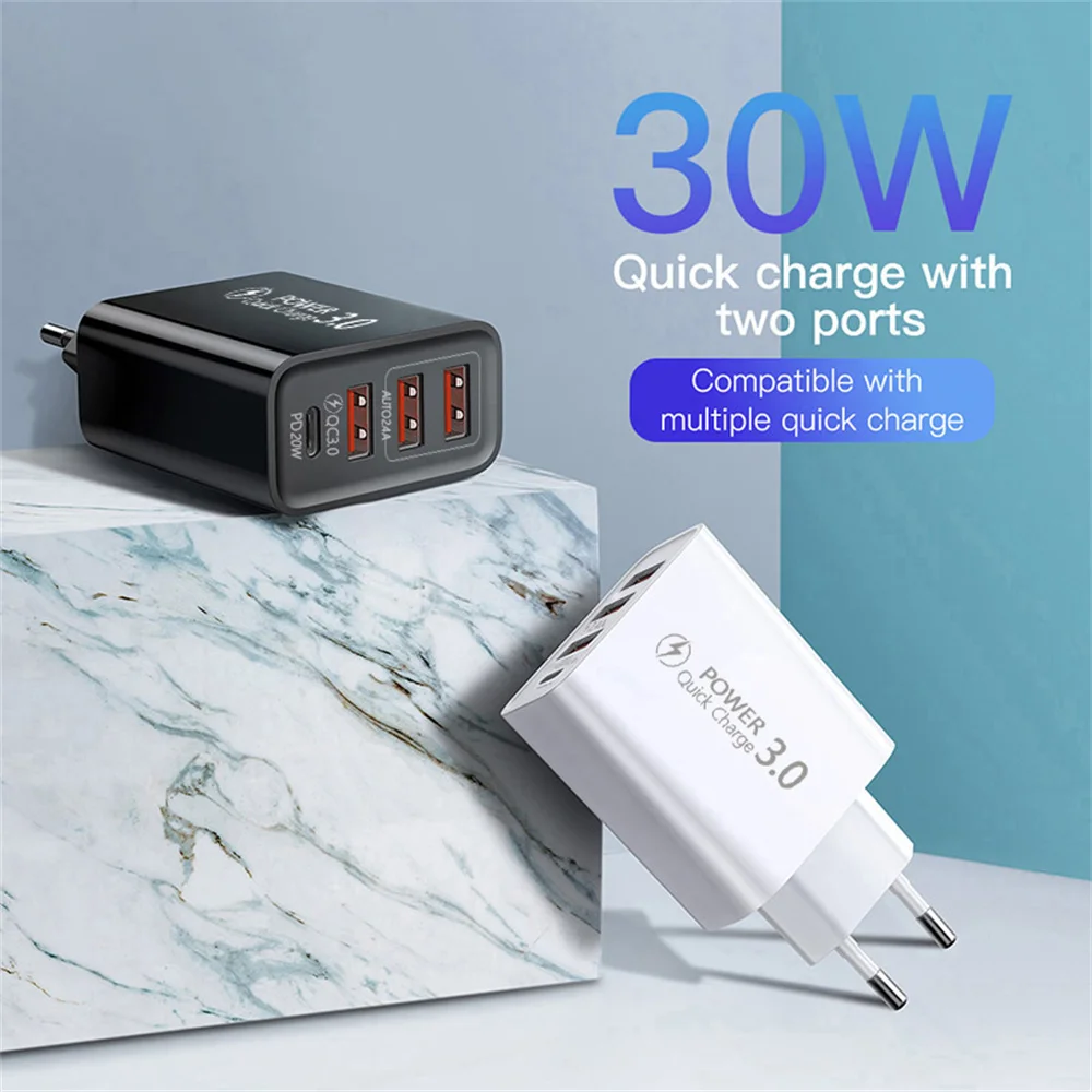 30W USB Charger 4 Ports PD Type C Fast Charging Phone Charger Wall Adapter Fast Charger For iPhone 15 14 Samsung Xiaomi Huawei