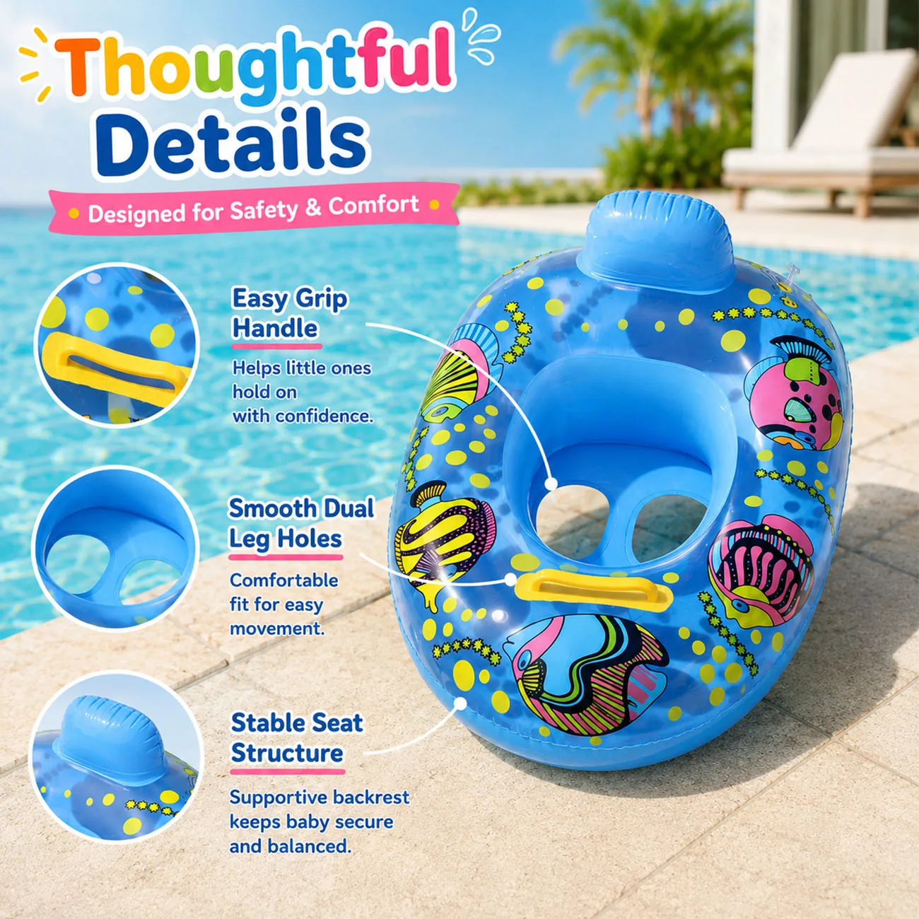 Inflatable Swim Ring Seat with Backrest Pool Float Chair with Handle Summer Swimming Pool Float Inflatable Water Seat Lounger
