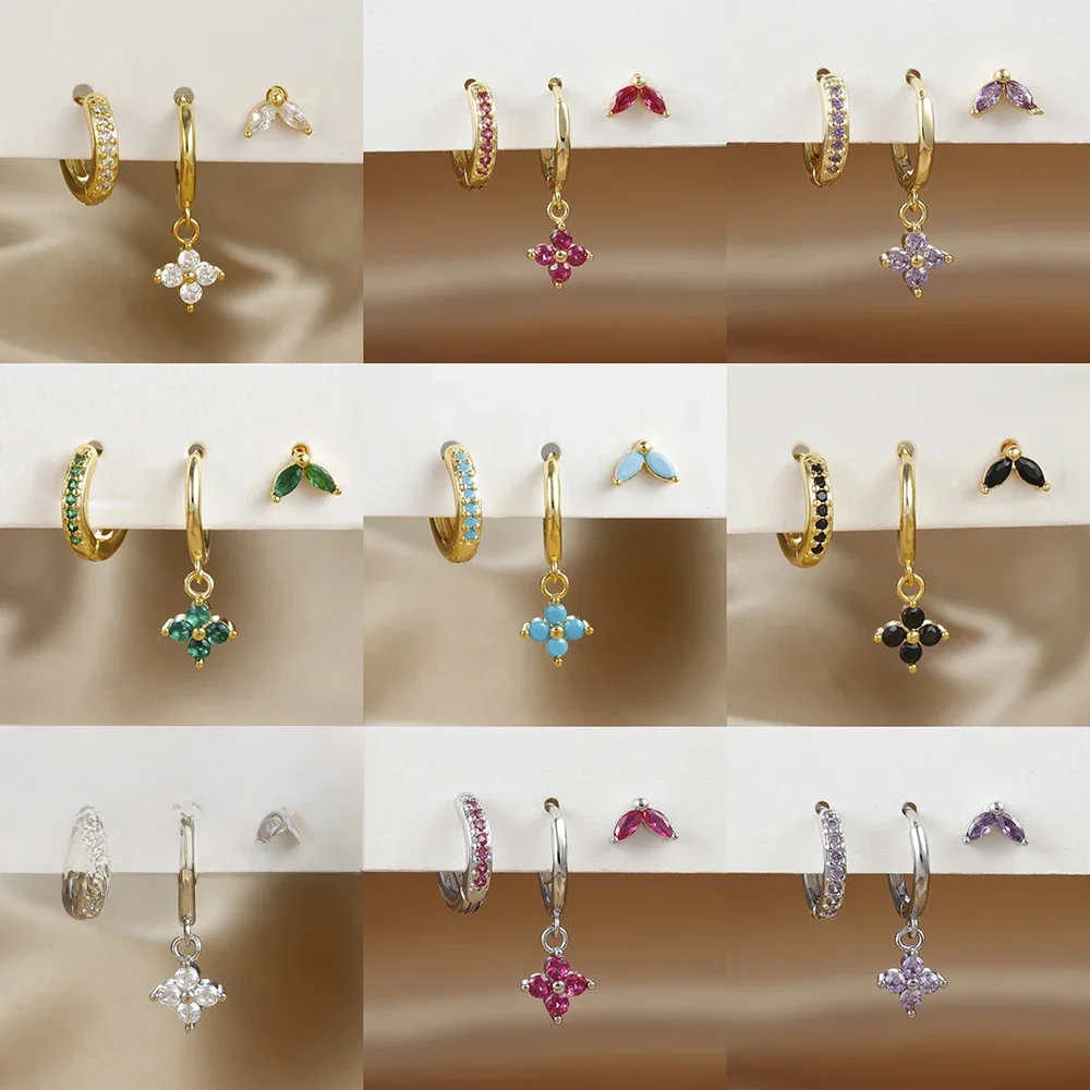 3 szt. Cyrkon ze stali nierdzewnej wisiorek kwiatowy zestaw kolczyków Hoop dla kobiet prosty mały złoty kolor chrząstka Piercing biżuteria aretes — zdjęcie 2
