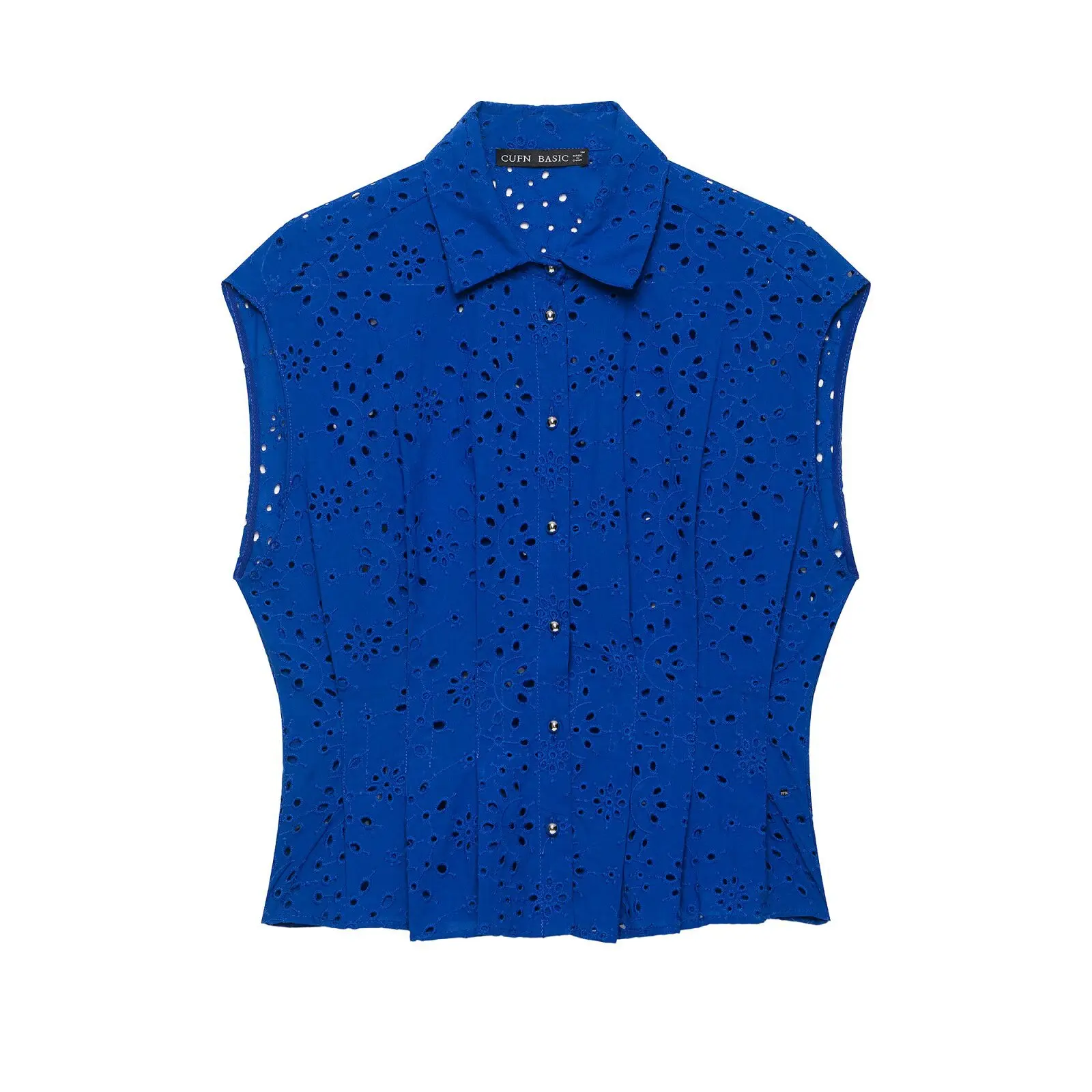 Womens Elegant Blue Cotton Embroidered Sleeveless Top Casual Lapel Button Shirt Pleated Slim Fit Summer Chic Resort Wear Blouse