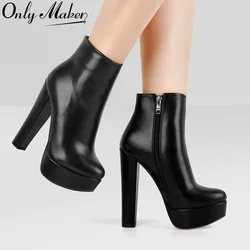 Onlymaker Women Platform Ankel Boots Classic Block Chunky Heel  High Heels Black Big Large Size Round Toe Booties