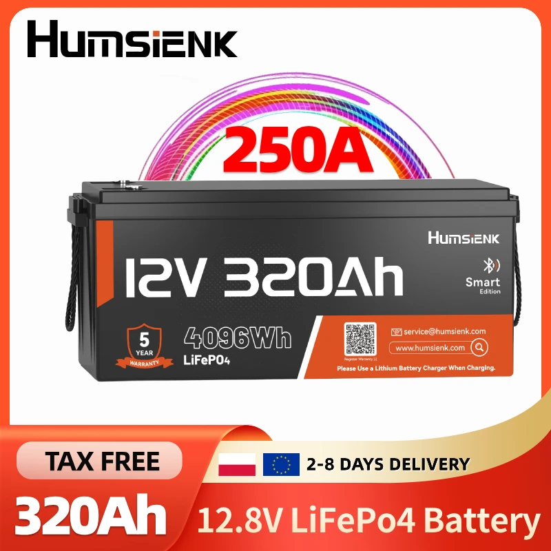 Humsienk 12V 320Ah LiFePO4 RV-batterij met Bluetooth & lage temperatuur afschakeling - Ingebouwde 200A BMS Max 15000 diepe cycli batterij, 4096Wh energie Perfect voor camper, aanhangwagen, bus,