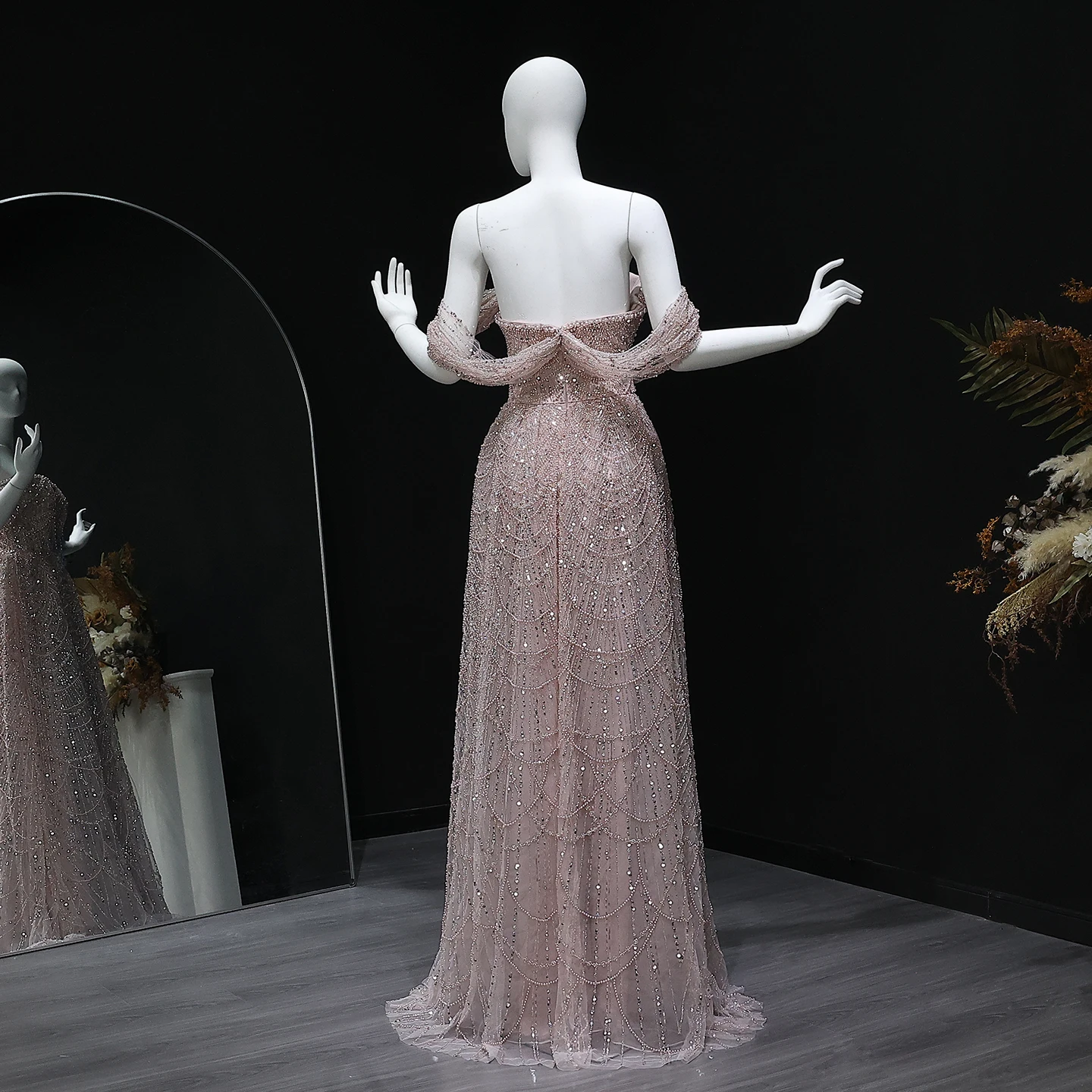 Sharon Said Luxuriöses Arabisches Perlenbesetztes Nude-Abendkleid für Dubai-Hochzeit, Schulterfrei, Übergröße, Formelle Partykleider SS676 Maßanfertigung – Detail 16