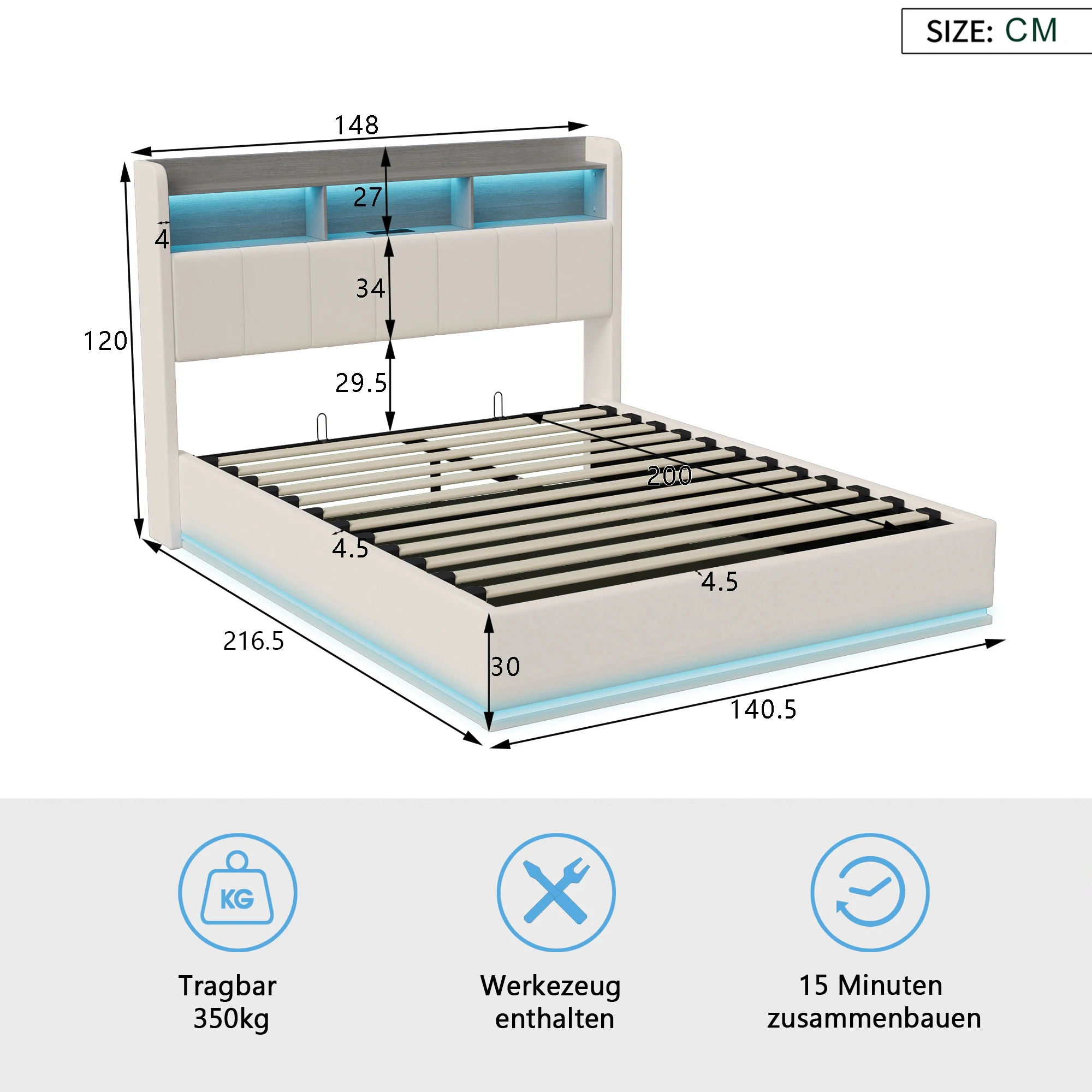 MINGZHE tweepersoonsbed 90/140/160x200 cm/140x190cm met LED USB, metalen structuur, fluweel, matras niet inbegrepen