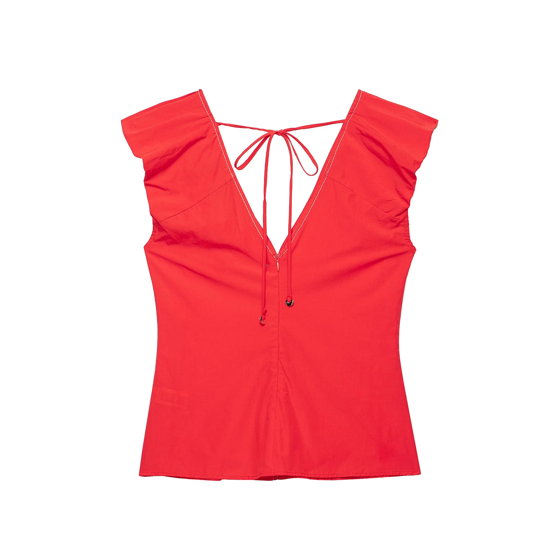 Womens Summer Red V-Neck Ruffle Sleeveless Shirt Backless Self-Tie Crop Tank Top Elegant Casual Beach Vacation Blouses 2026
