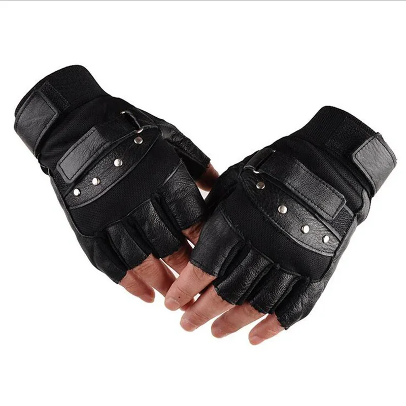 AliExpress HVATILAW Men Half Finger PU Leather Fitness Cycling Mitten Outdoor Sport Gym Exercise Black Rivets Punk Glove