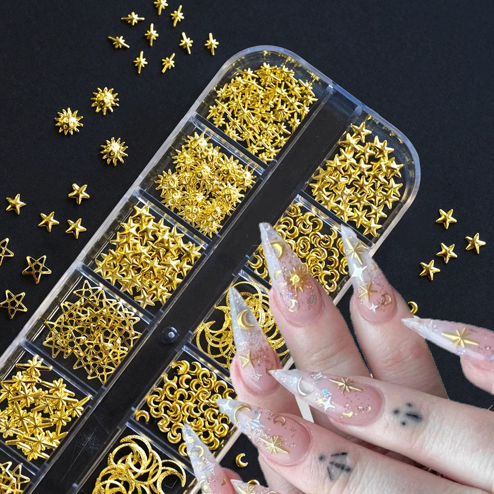 12 siatek złote metalowe nity szpilki do paznokci 3D gwiazda wzór księżyca zawieszki do paznokci dżetów części do Manicure akcesoria paznokcie artystyczne dekoracje — zdjęcie 2