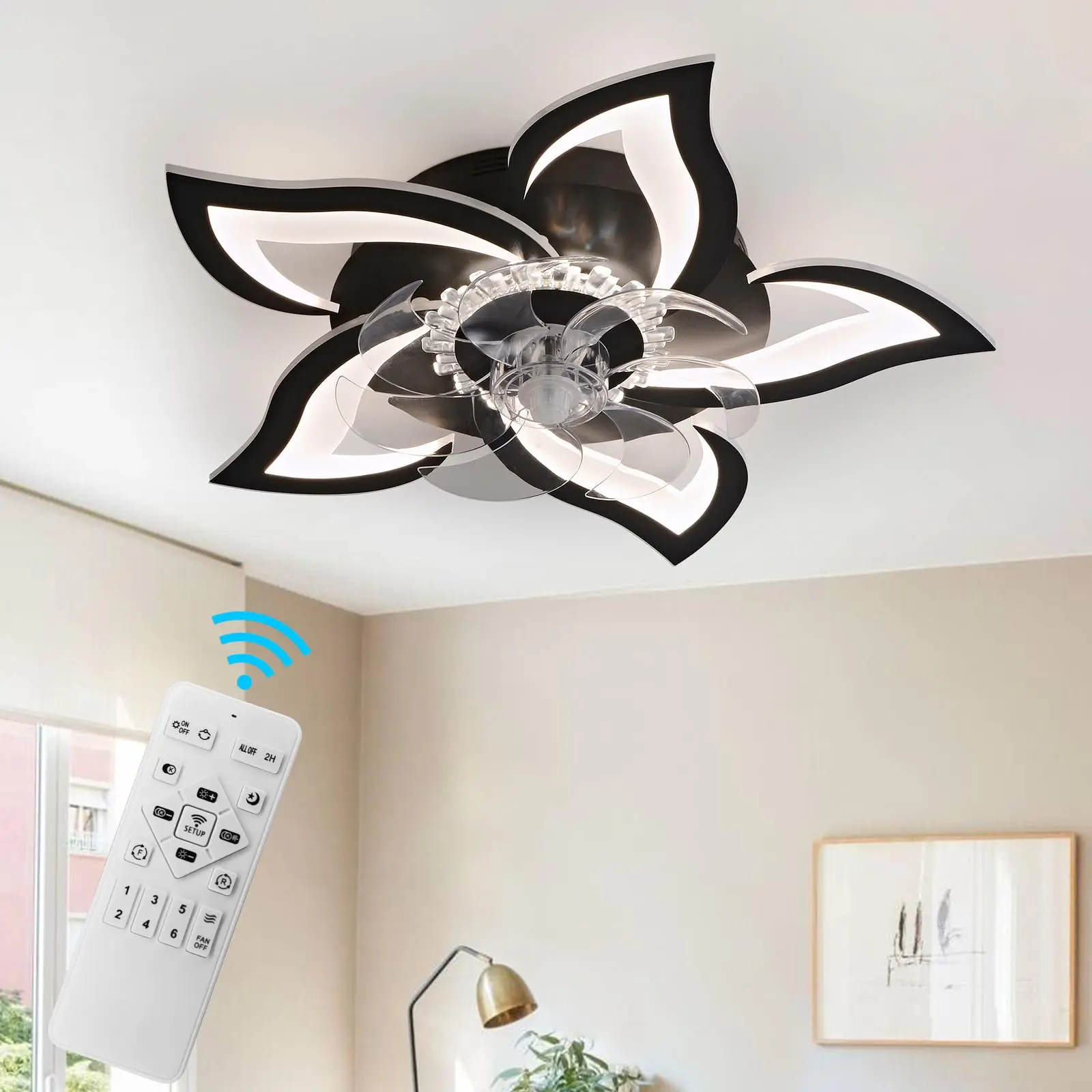 Flower Ceiling Fan with Lights Remote Control, Modern Low Profile Ceiling Fan 27 Inch, Small Flush Mount Ceiling Fan Lights