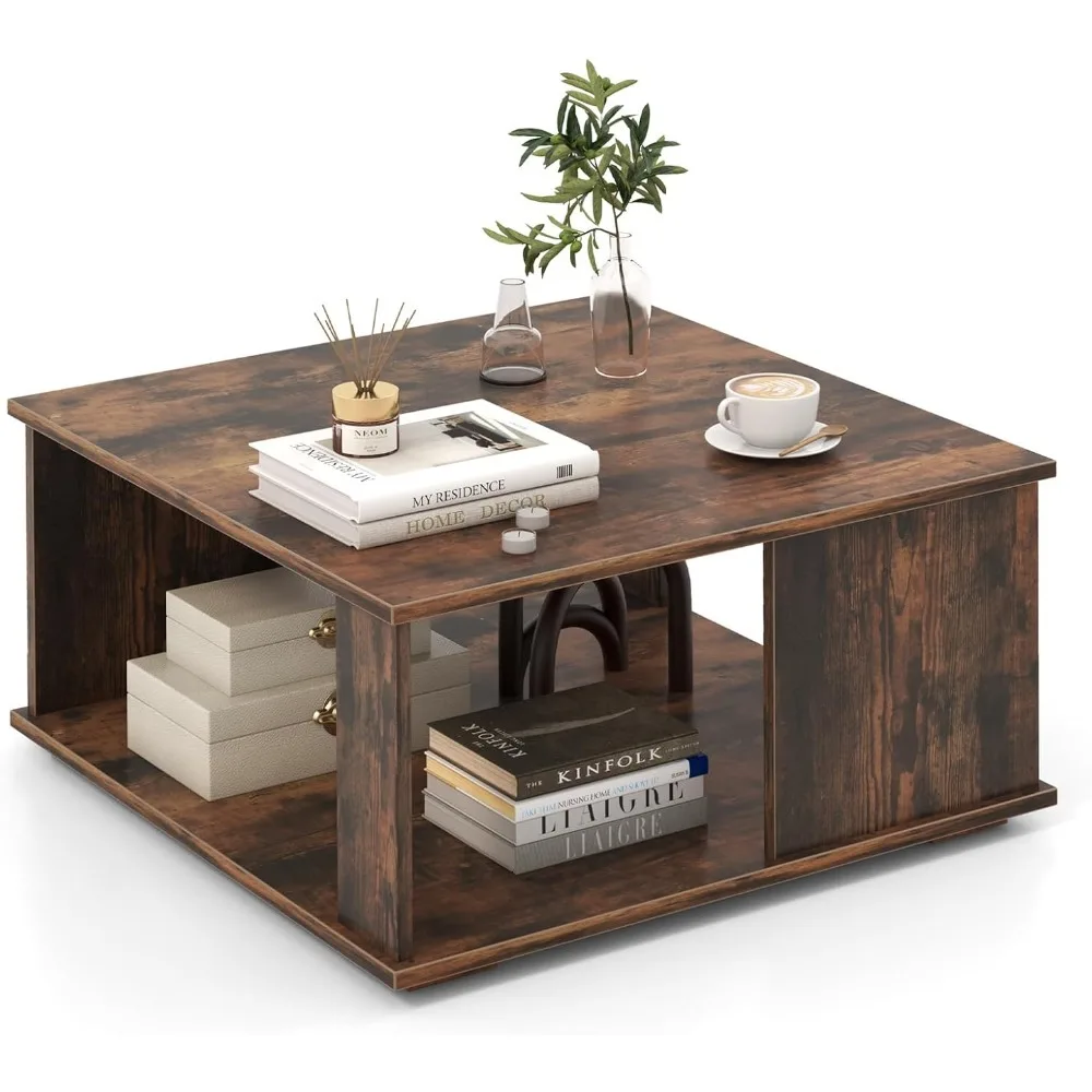 

Square Coffee Table, Rustic Brown Cocktail With Storage Shelf, Industrial Tea With L-Beam Structure, 2 Tier Farmhouse Center, Wo