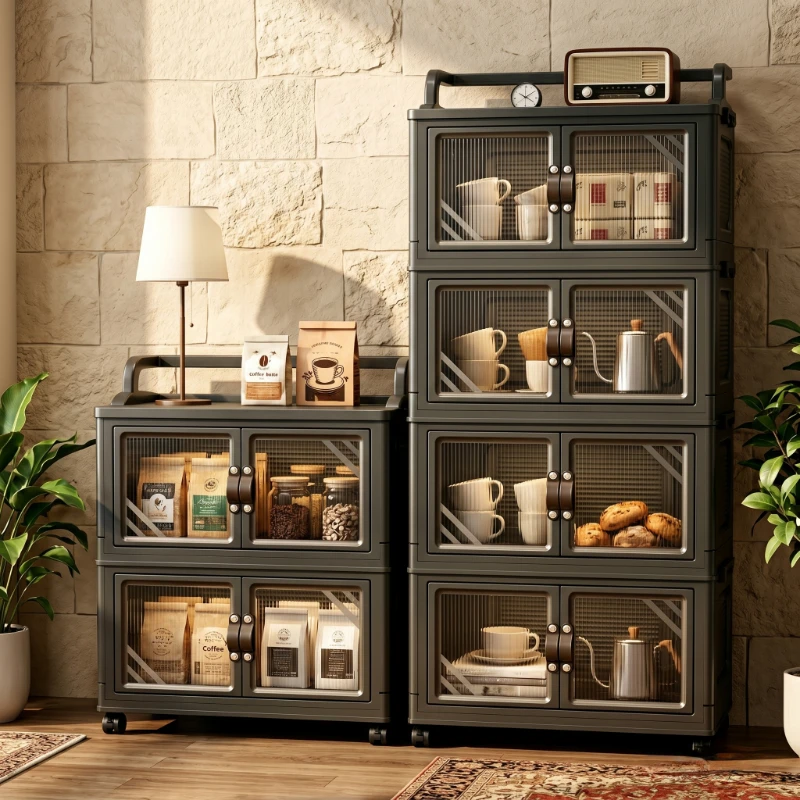 Multi-Layer Foldable Plastic Storage Cabinet, No Assembly Needed, Can Be Freely Stacked, Rolling Storage Organizer Box with Corrugated Transparent Double Doors and Top Handle, Visible Foldable Storage Box with Swivel Wheels, Suitable for Bedroom Clothes