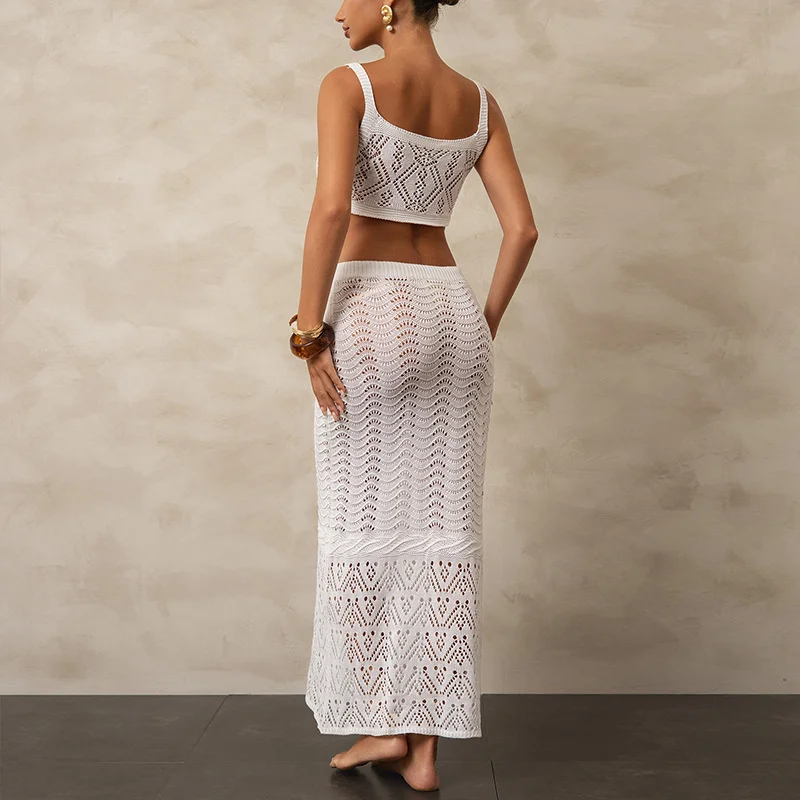 2 Pcs Women's Knit Bikini Cover up Set Sexy Hollow out Crop Top And High Waist Skirt Bottom Wrap Long Beach Dress Swimwear