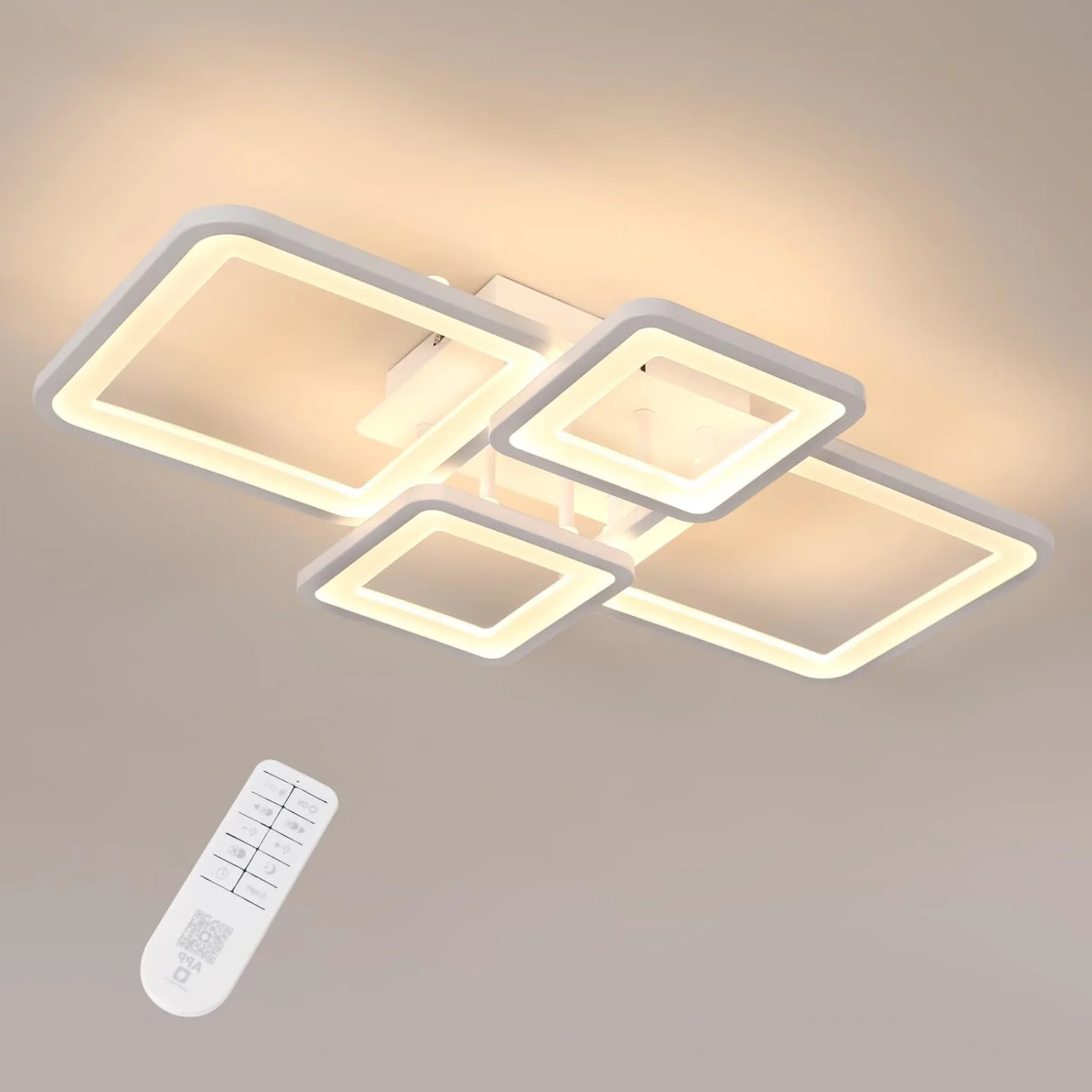 Plafoniera a LED dimmerabile, lampada da soffitto moderna con telecomando, illuminazione da soffitto in acrilico bianco a 4 quadrati, 3000K-6500K