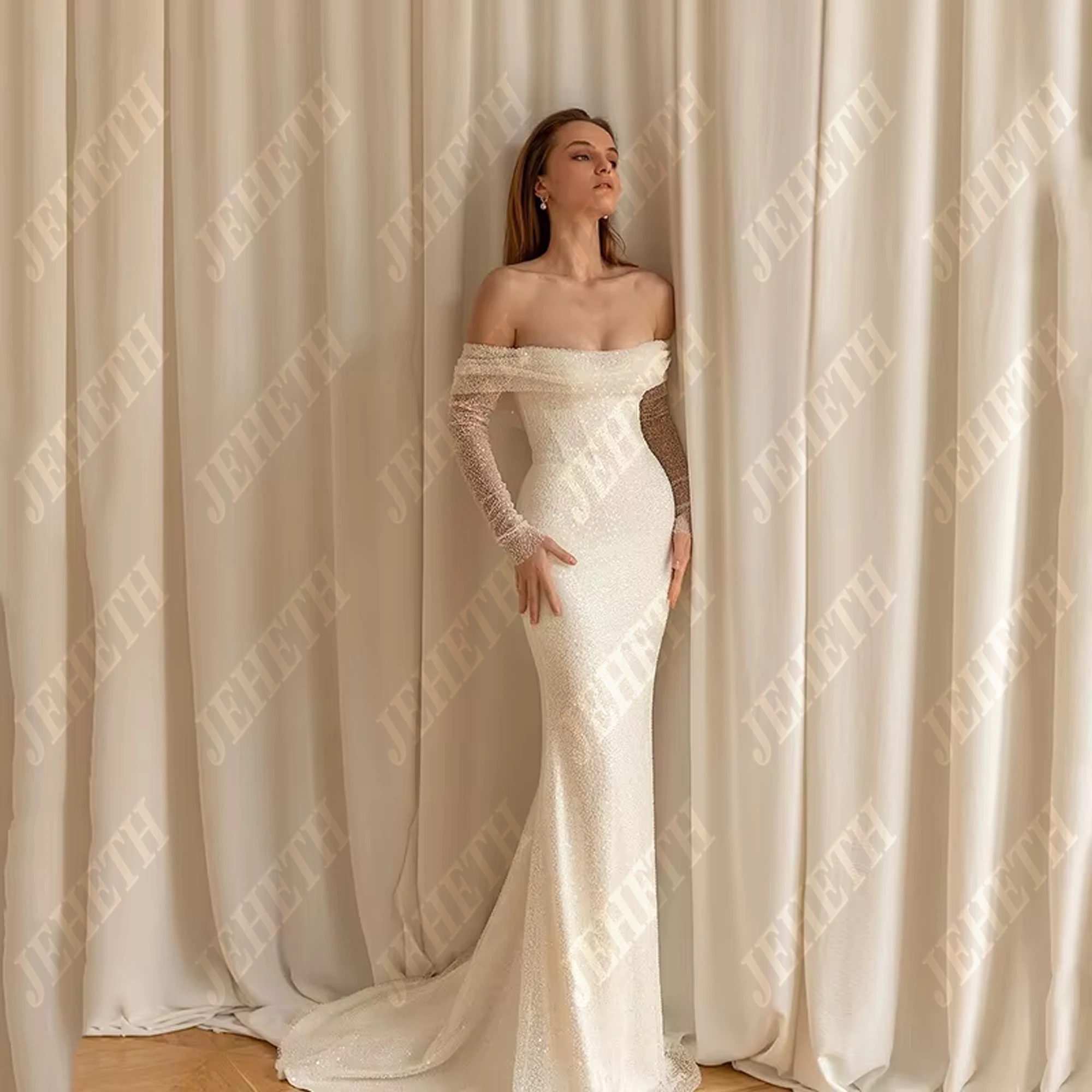 JEHETH księżniczka Off Shoulder seksowna syrenka cekinowa tkanina suknia ślubna Backless suknie ślubne Vestidos De Novia dostosowane 2025