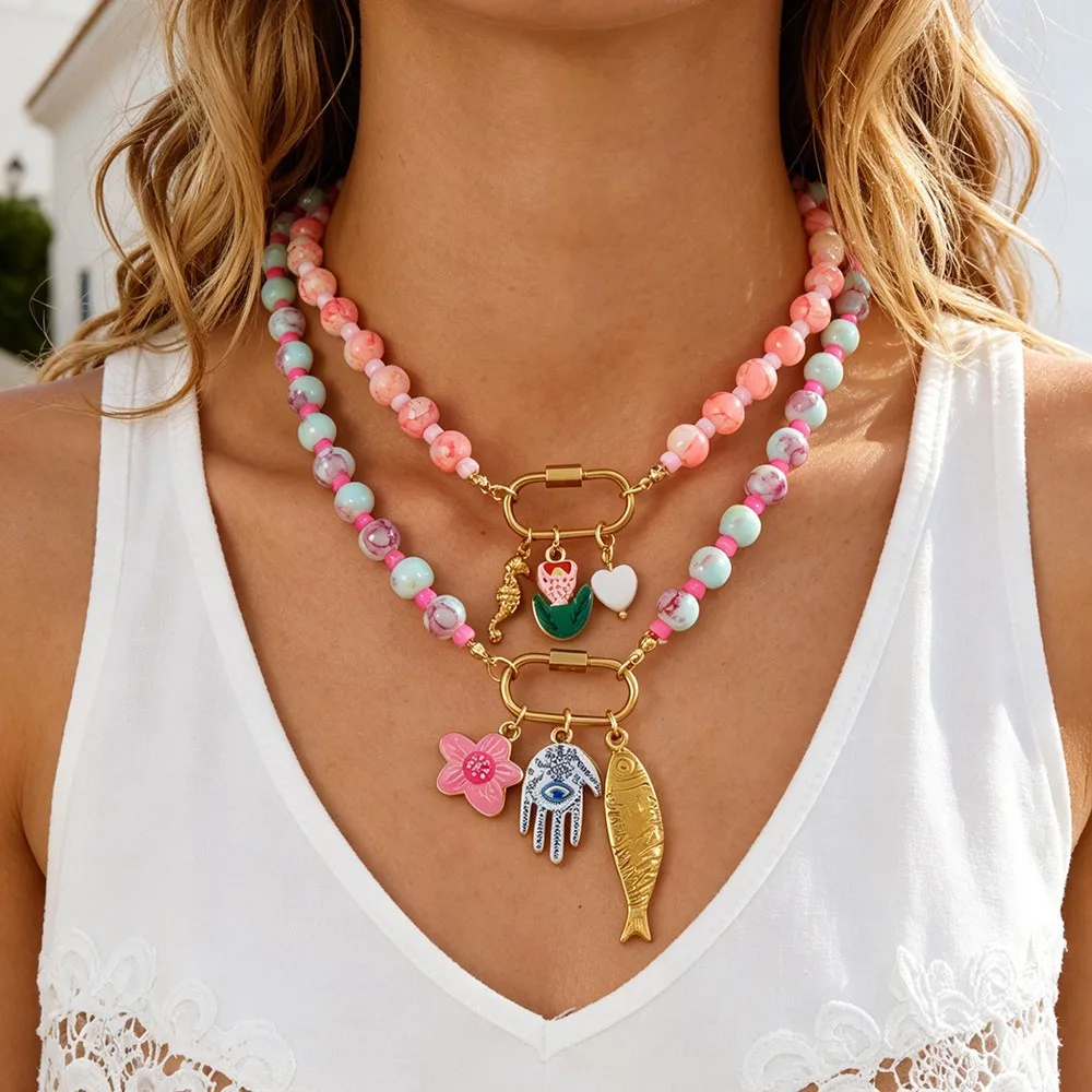 Boho Stainless Steel Fish Heart Pendant Necklace for Women Statement Candy Color Beaded Necklaces Summer Beach Fashion Jewelry