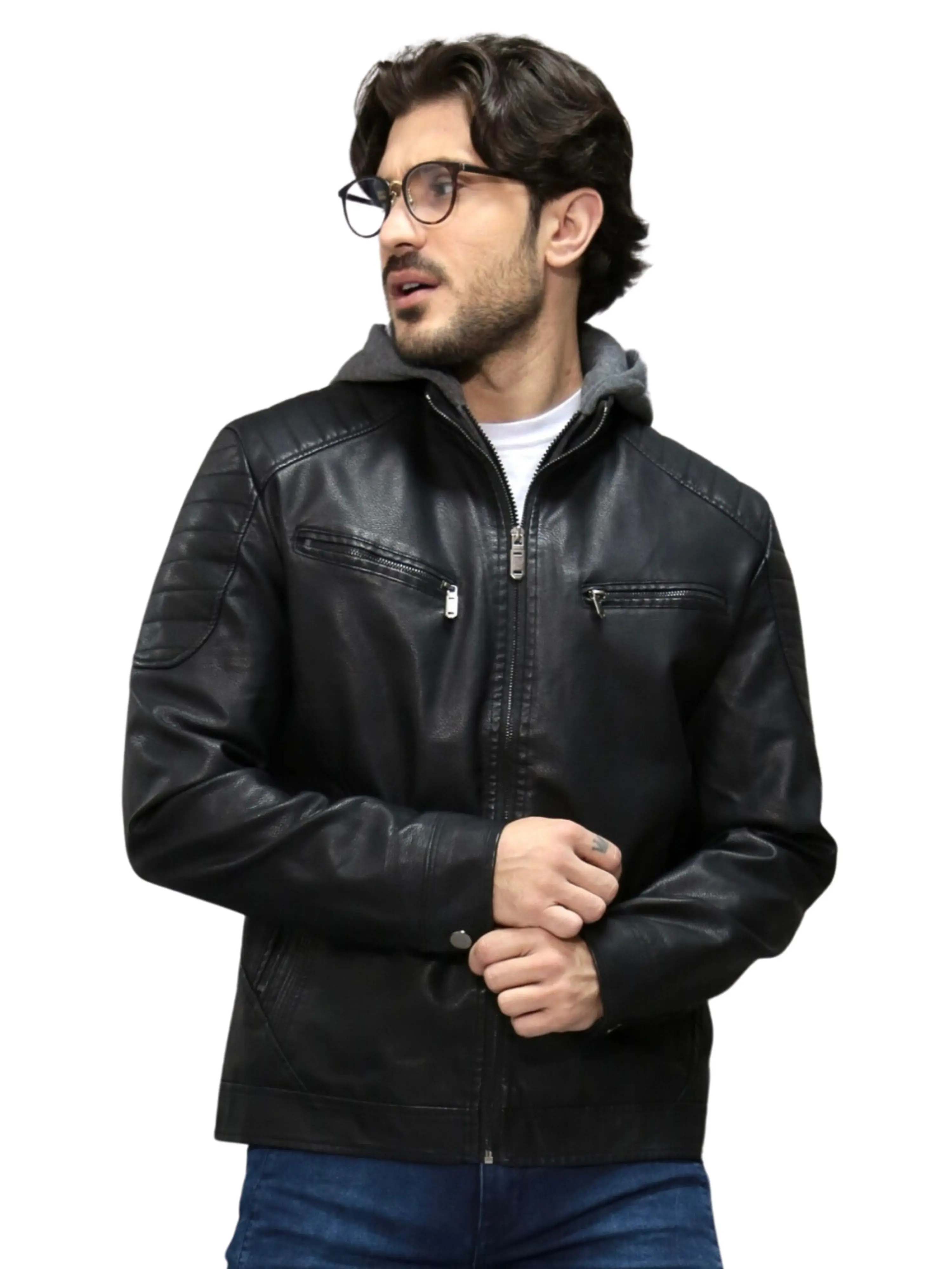 Men's Leather Jacket With Built-in Sweatshirt Hoodie