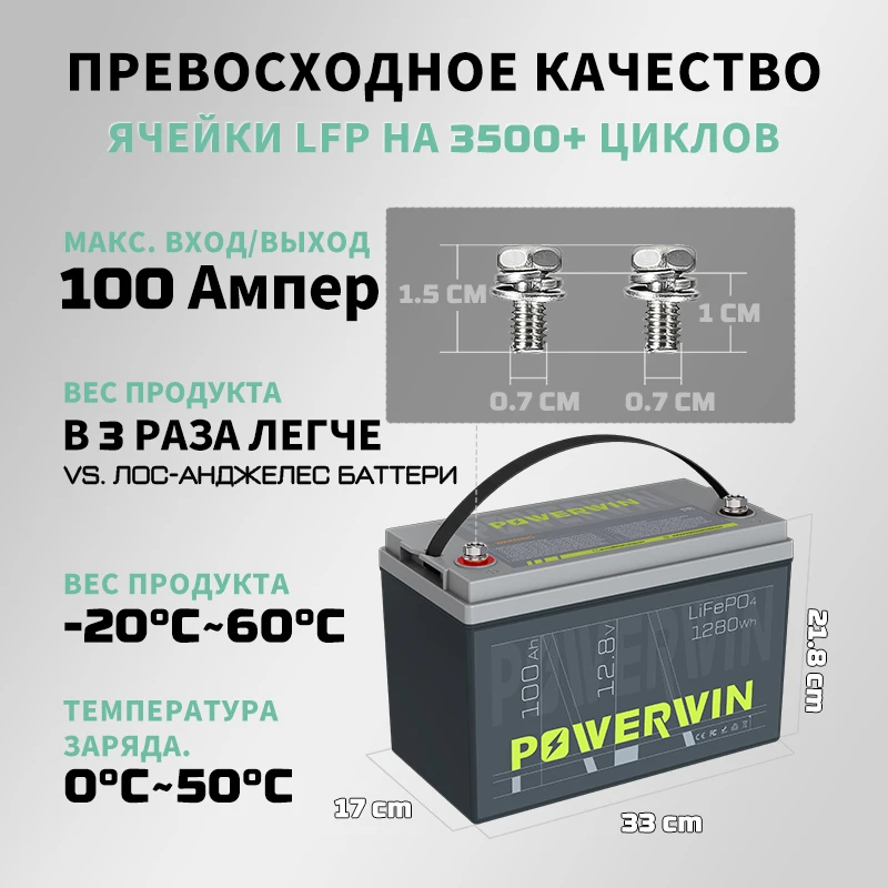 POWERWIN 12.8V 100Ah LiFePO4 Battery BT100 | 1280Wh | 100A BMS | 4000+ Cycles | China Shipping — Extra Shipping Fee Required