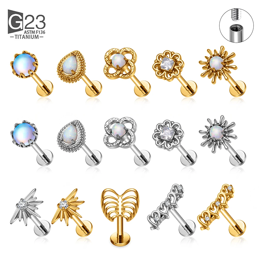 1 قطعة ASTM F136 التيتانيوم الزركون شقة عودة القرط زهرة الأذن ترصيع الفص اللولب الزنمة الغضروف ثقب المجوهرات 16 جرام