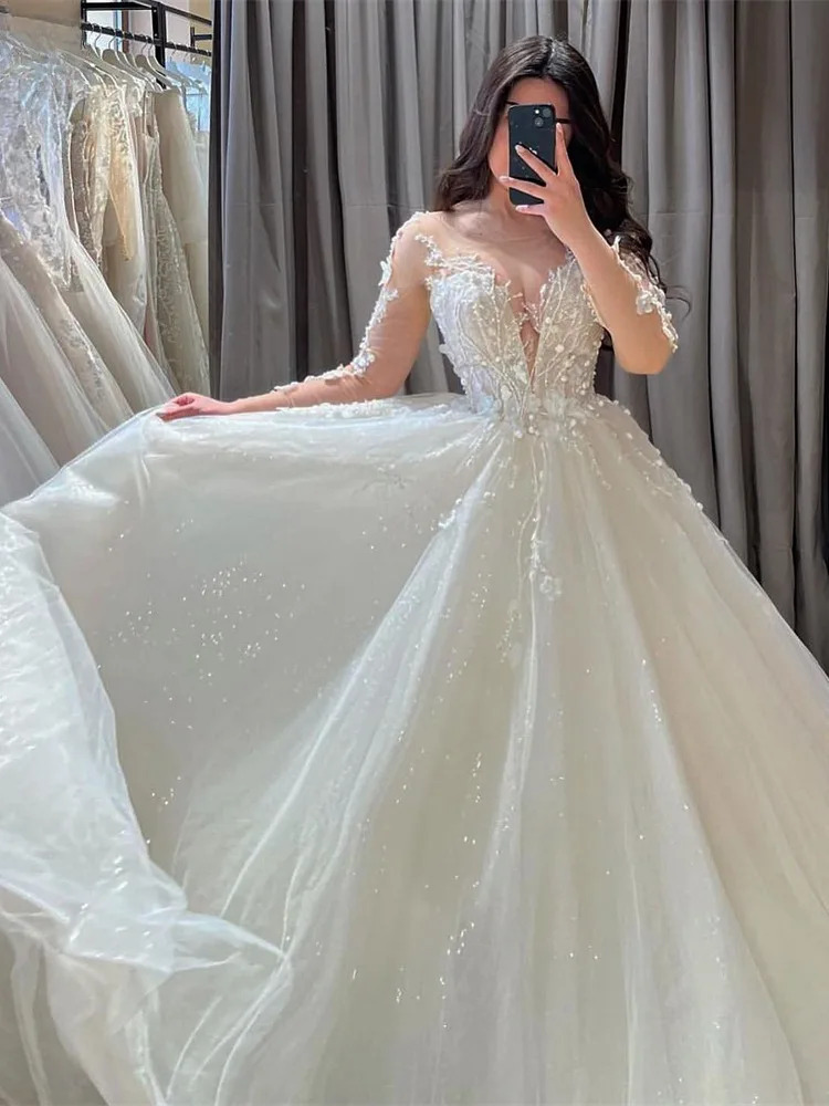 Vintage Glitte Wedding Dresses Appliques Long Sleeves Sheer O-neck  A-Line Bridal Gowns Flowers Princess  Vestido De Novia
