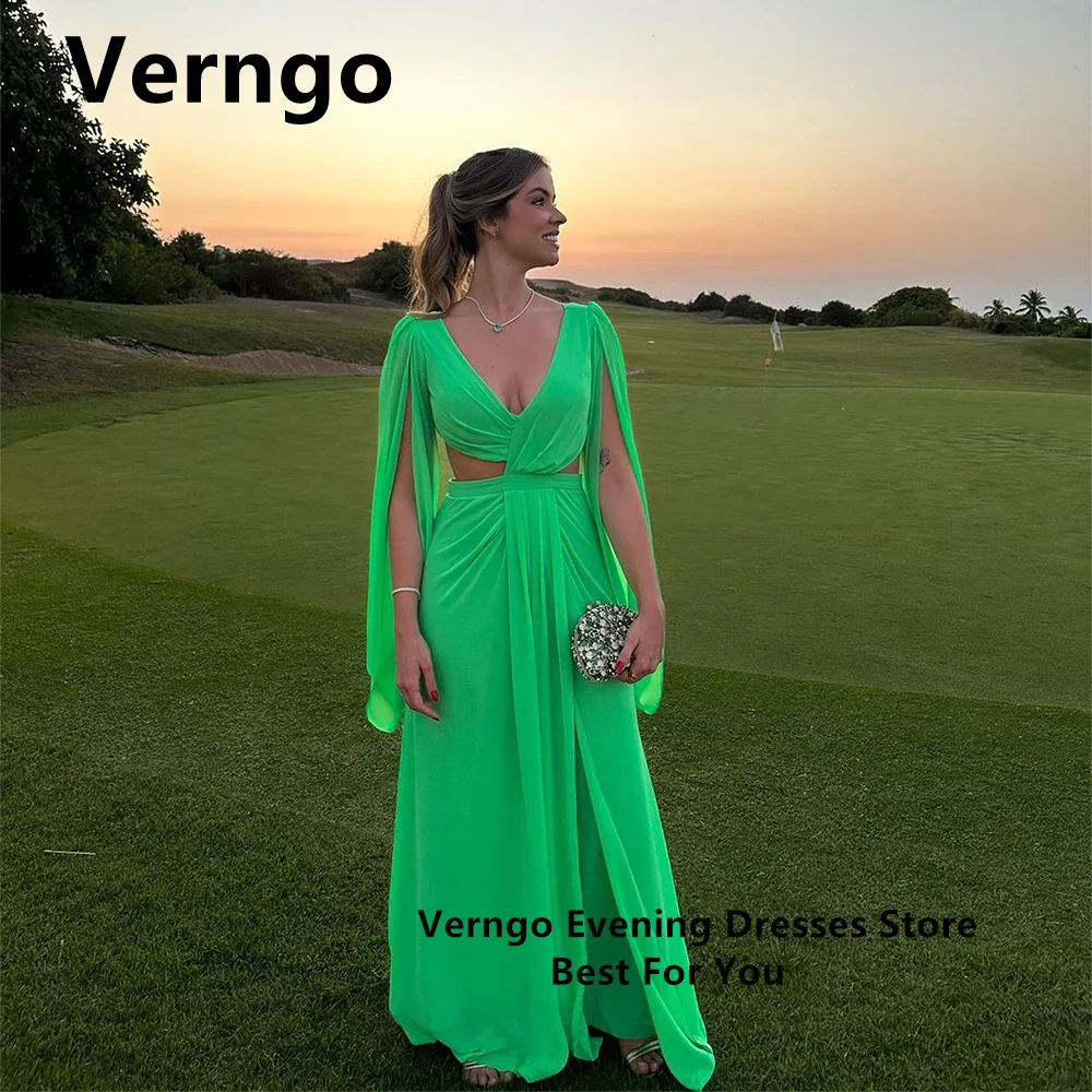 

Verngo Green Chiffon Party Dress For Women V Neck Cut Out Evening Dress A Line Side Slit Prom Gowns Simple Formal Dress