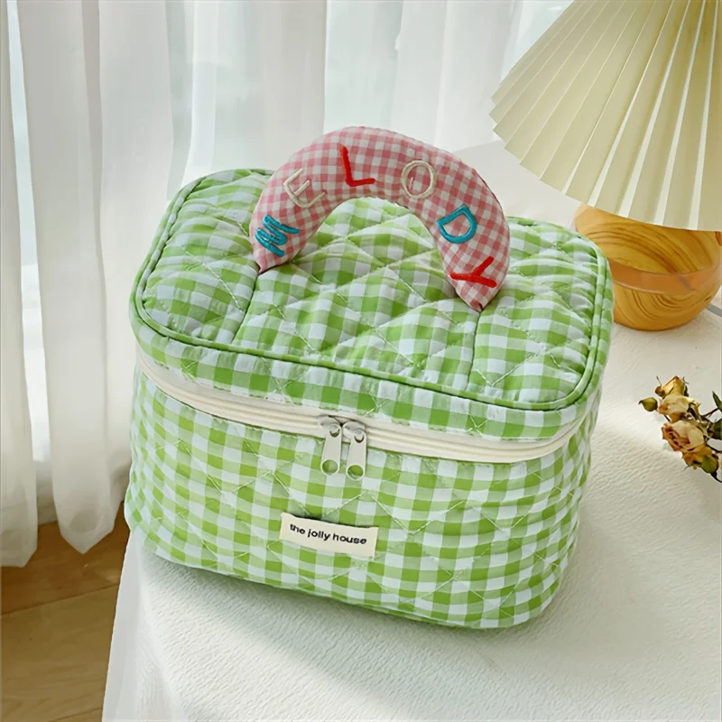 1pc cute color contrast check delicate bucket makeup bag for ladies outdoor travel