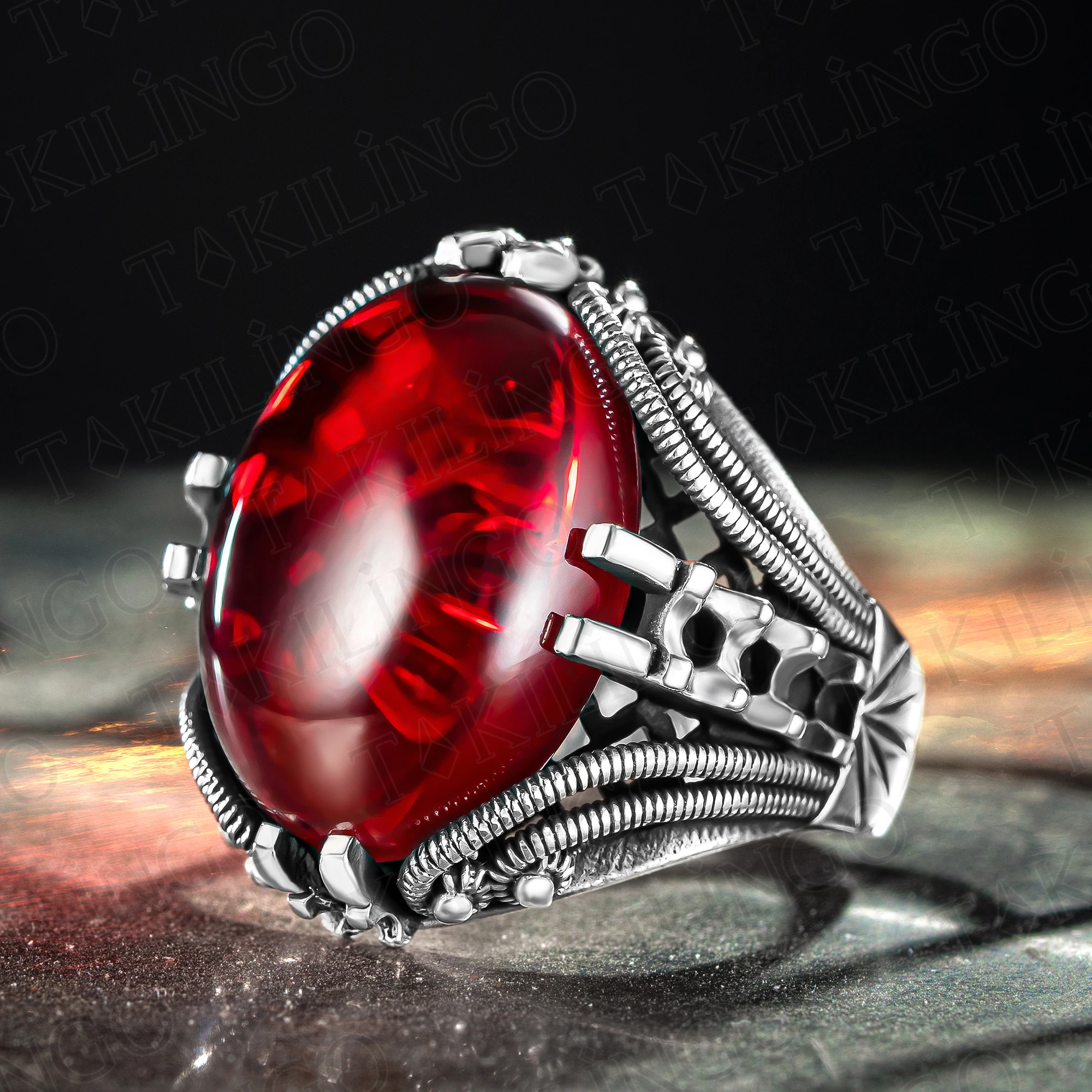 

Solid 925 Sterling Silver Carving Red Ruby Color Luxury Turkish Handmade Men's Ring