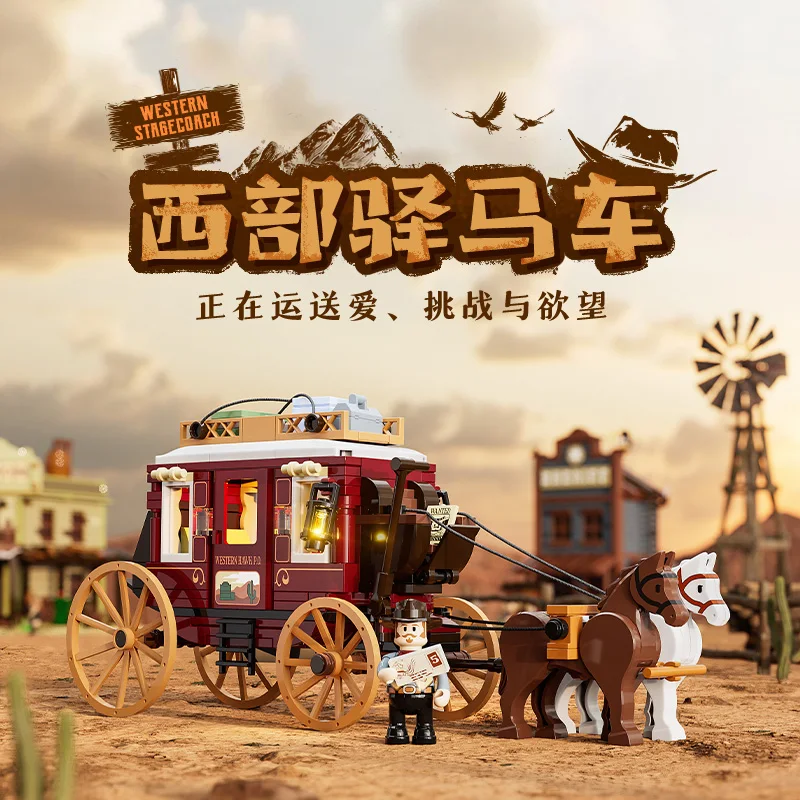 IN STOCK F9052 MOC Western Stagecoach Building Blocks Model Carriage Bricks Assembling DIY Toys for Boys Christmas Gift Set