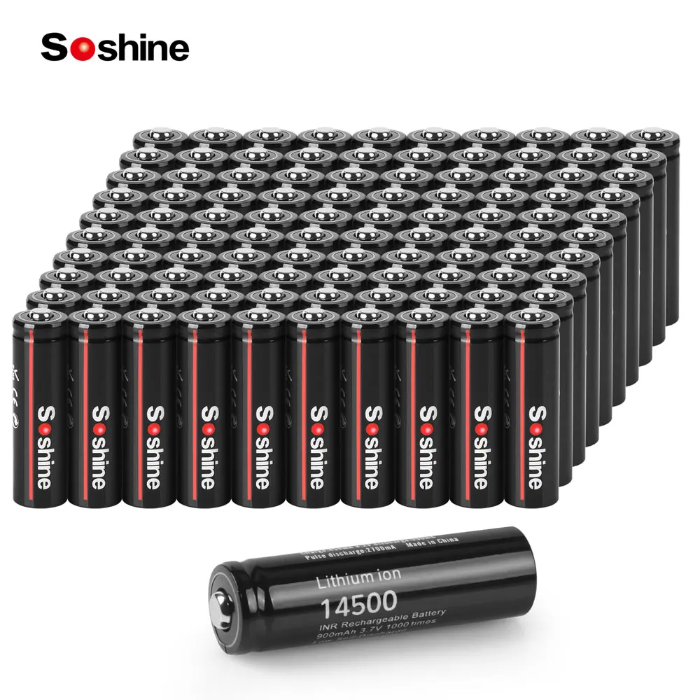 Soshine 100pc 14500 AA Li-ion Battery 3.7V 900mAh Rechargeable Battery Lithium Batteries 1000 Times for LED Flashlight Wholesale