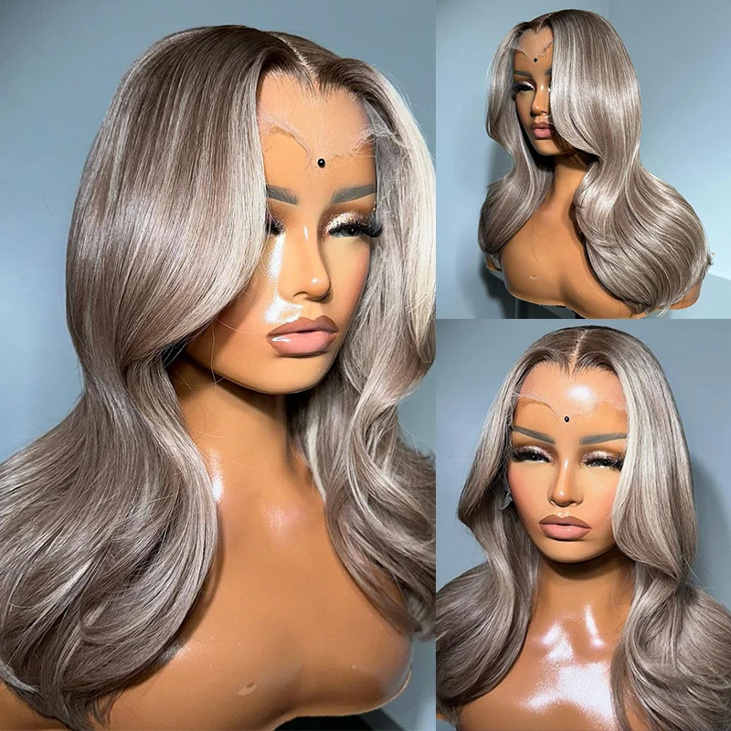 

Highlight Grey Colored Lace Frontal Synthetic Hair Wig 13x4 Body Wave Hair Transparent Lace Front Wig 5x5 Lace Closure Wigs