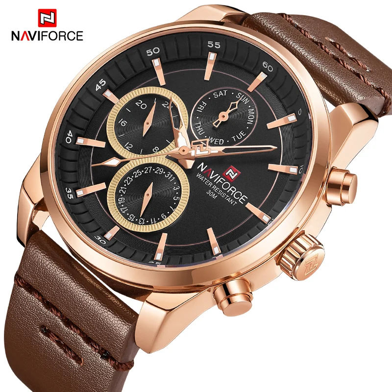 Mens Watches NAVIFORCE Military Sport Original Leather Quartz Clock Waterproof with 3 Small Dials Wristwatches Relogio Masculino