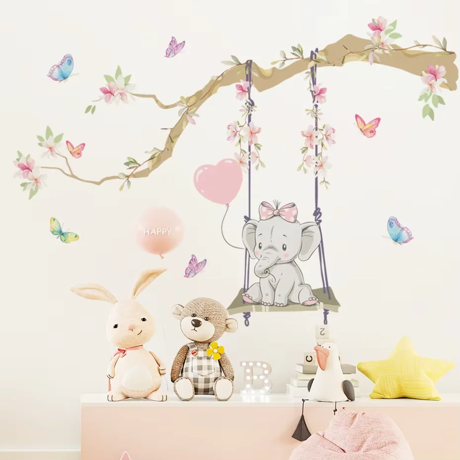 Pink Flowers Blooming Tree Branch Butterfly  Floral Watercolor Wall Stickers for Nursery Bedroom Living Room Wall Decals Murals