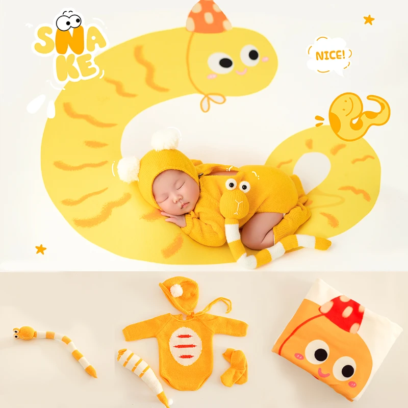 KD Newborn Photography Clothing Yellow Snake New Year Theme Hat Jumpsuit Tail Sock 4Pcs/set Baby Shoot Props Studio Accessories