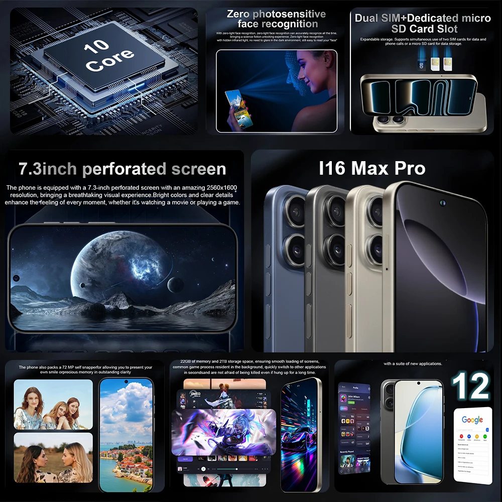 حار i16 برو ماكس الأصلي الجديد 7.2HD الإصدار العالمي 2025 أندرويد 12 بطاقة مزدوجة ذكية 8000mAh وظيفة التعرف على الوجه